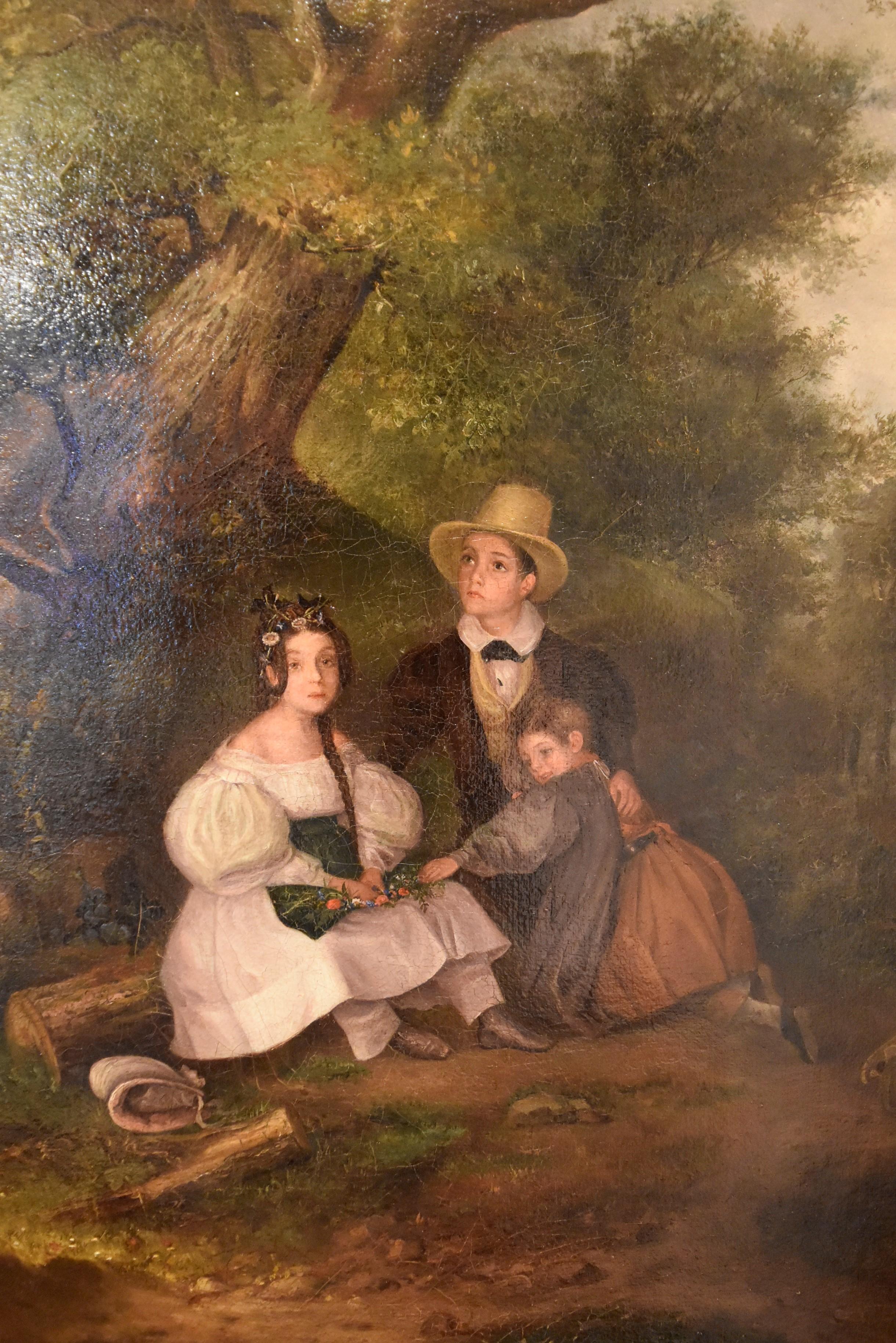 English School circa 1830, Children under the tree during a storm, Oil on canvas - Black Figurative Painting by Unknown