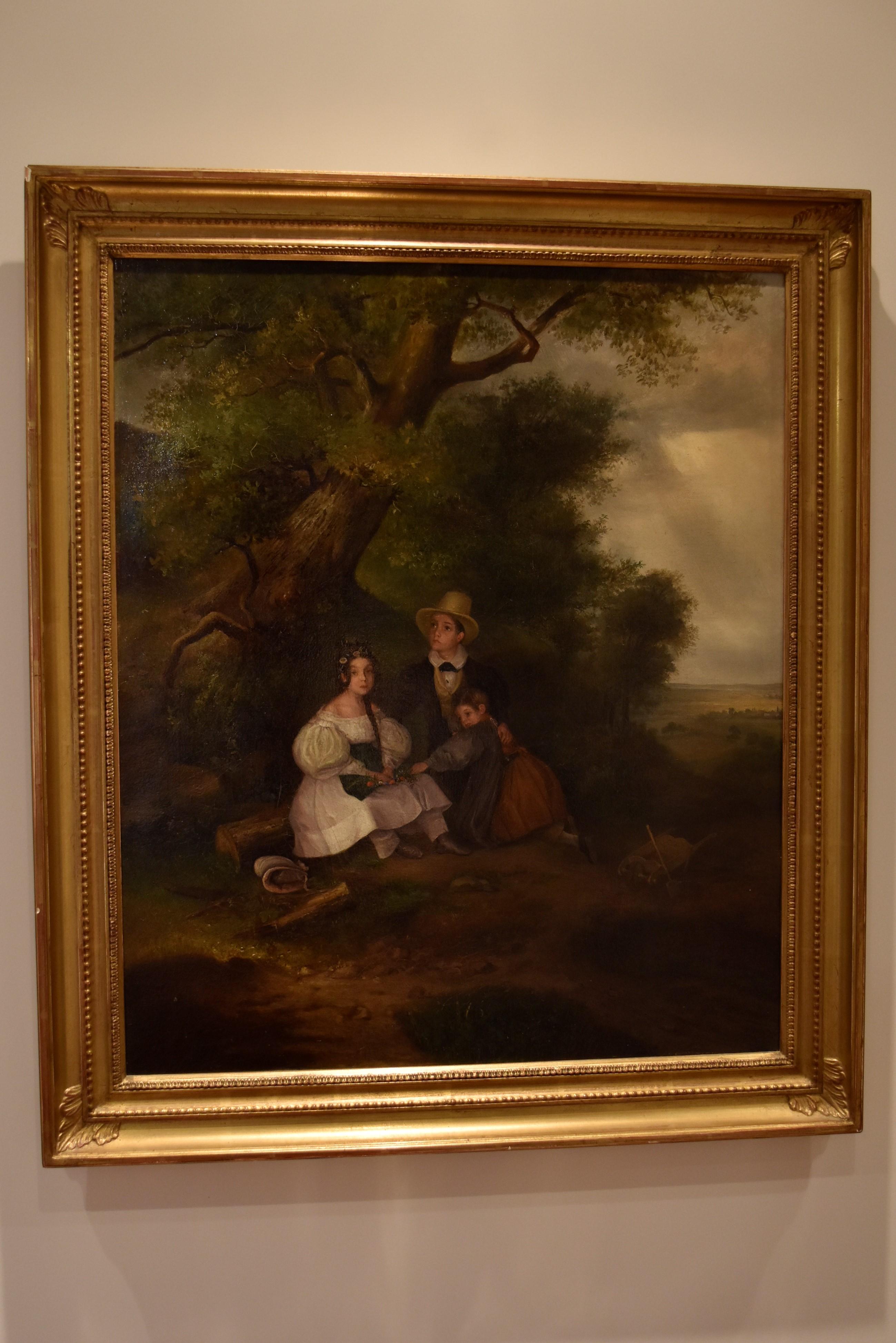 English School circa 1830
Three children under a tree during a storm
Oil on canvas
recently relined
55 x 46.5  cm
Framed : 64 x 55.5 cm (some lacks in the gilding, please see the pictures)