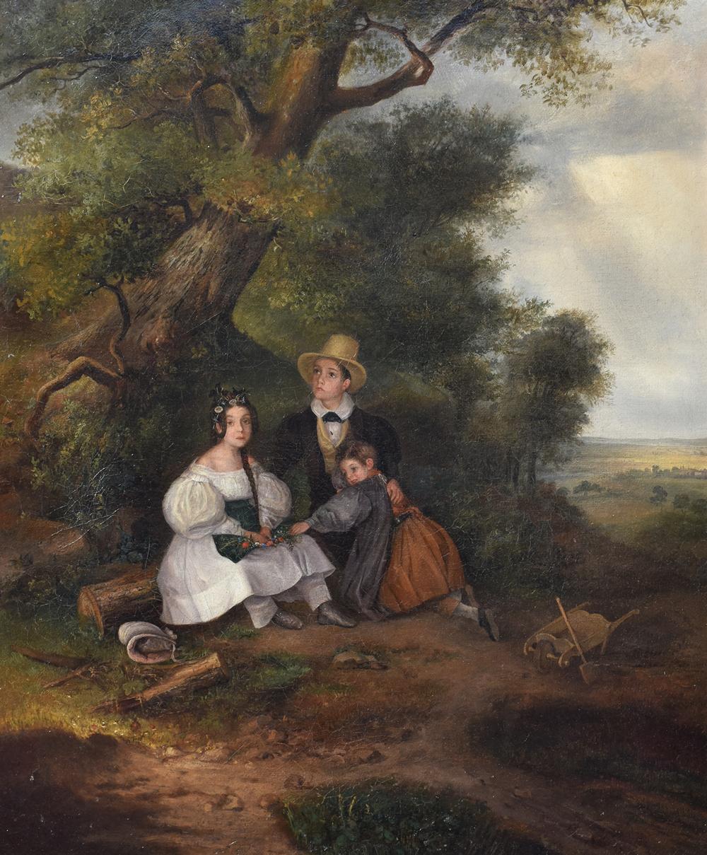 Unknown Figurative Painting - English School circa 1830, Children under the tree during a storm, Oil on canvas