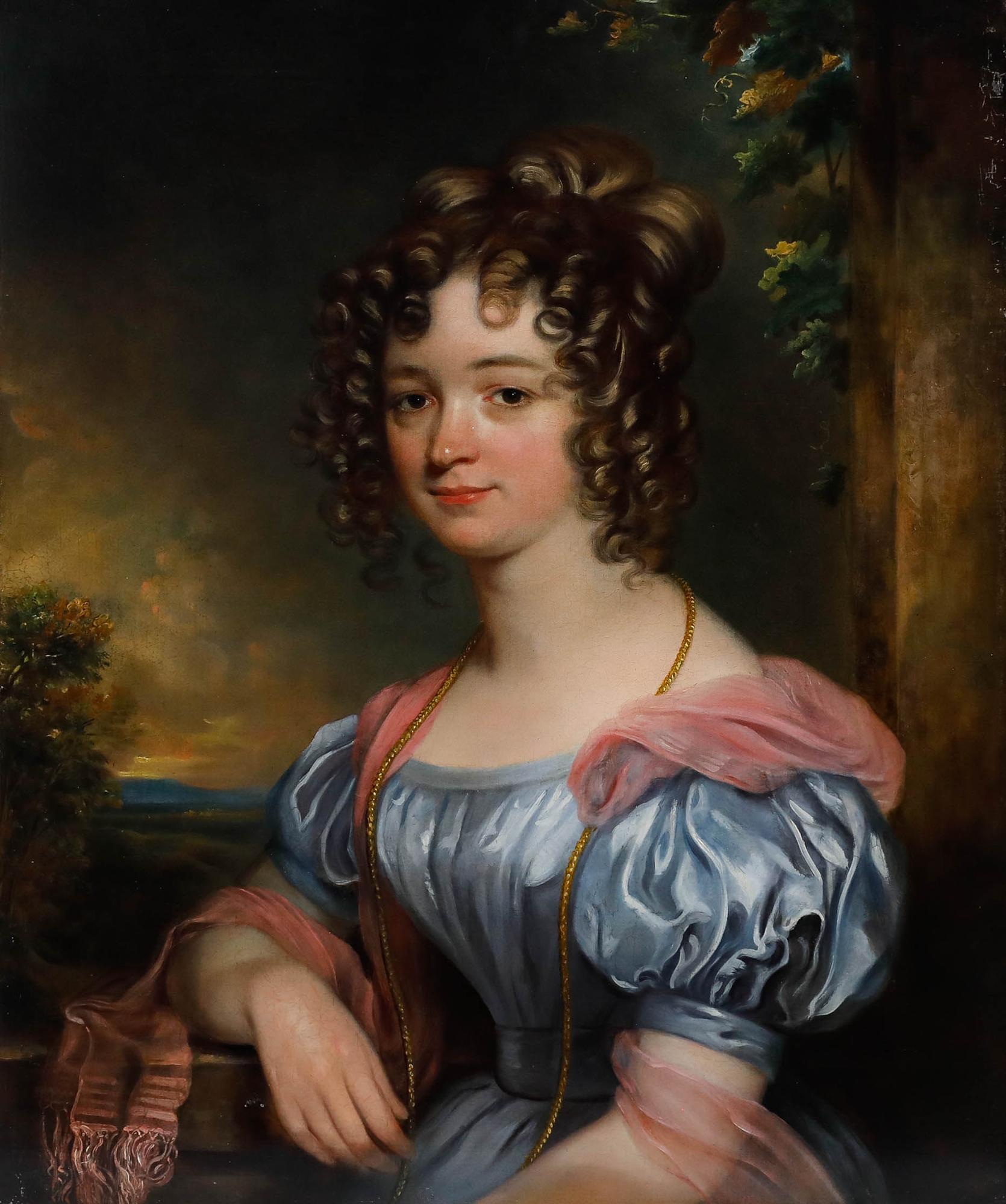 English School Early 19th Century Oil - Portrait of a Lady in a Blue Dress - Painting by Unknown