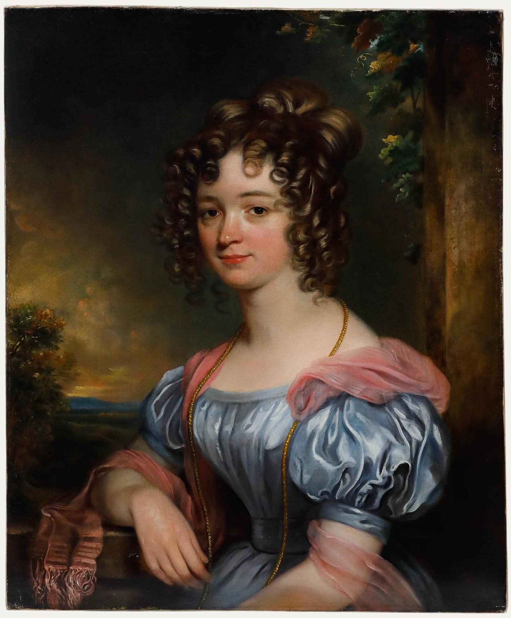 Unknown Portrait Painting - English School Early 19th Century Oil - Portrait of a Lady in a Blue Dress