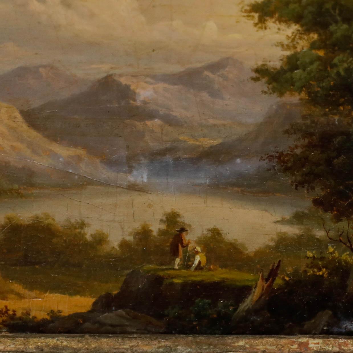 Olio di English School dell'inizio del XIX secolo - Veduta del lago di montagna 1