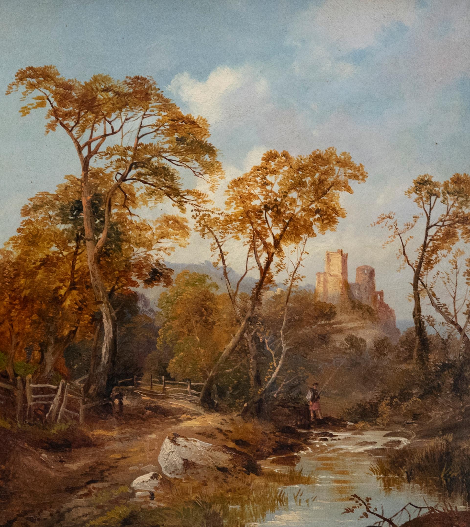 English School Early 20th Century Oil - Fishing Below Castle Ruins - Painting by Unknown