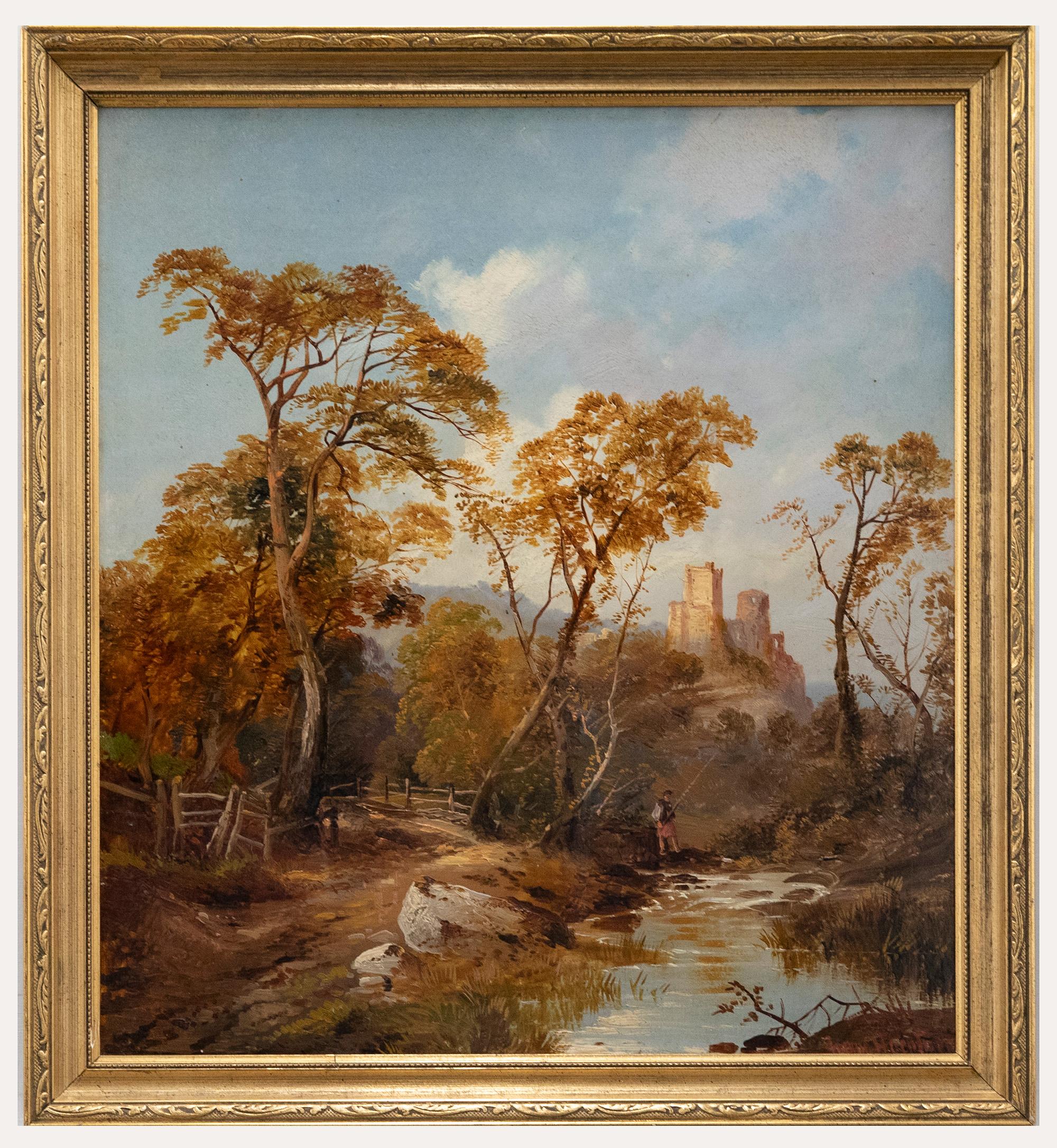 Unknown Landscape Painting - English School Early 20th Century Oil - Fishing Below Castle Ruins