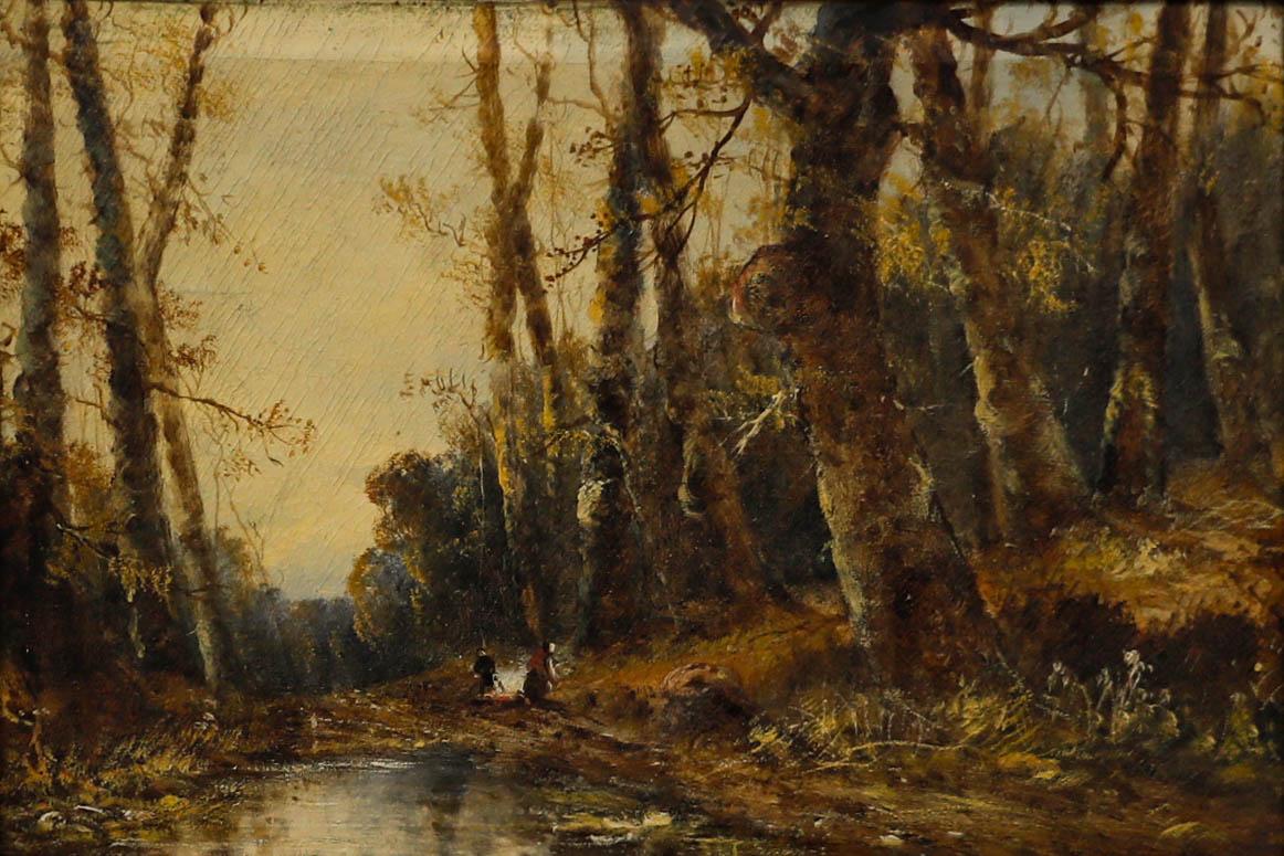 Olio di English School dell'inizio del XX secolo - Scena di bosco con figure - Painting di Unknown
