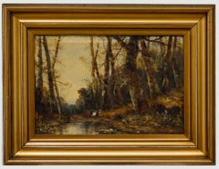 Olio di English School dell'inizio del XX secolo - Scena di bosco con figure