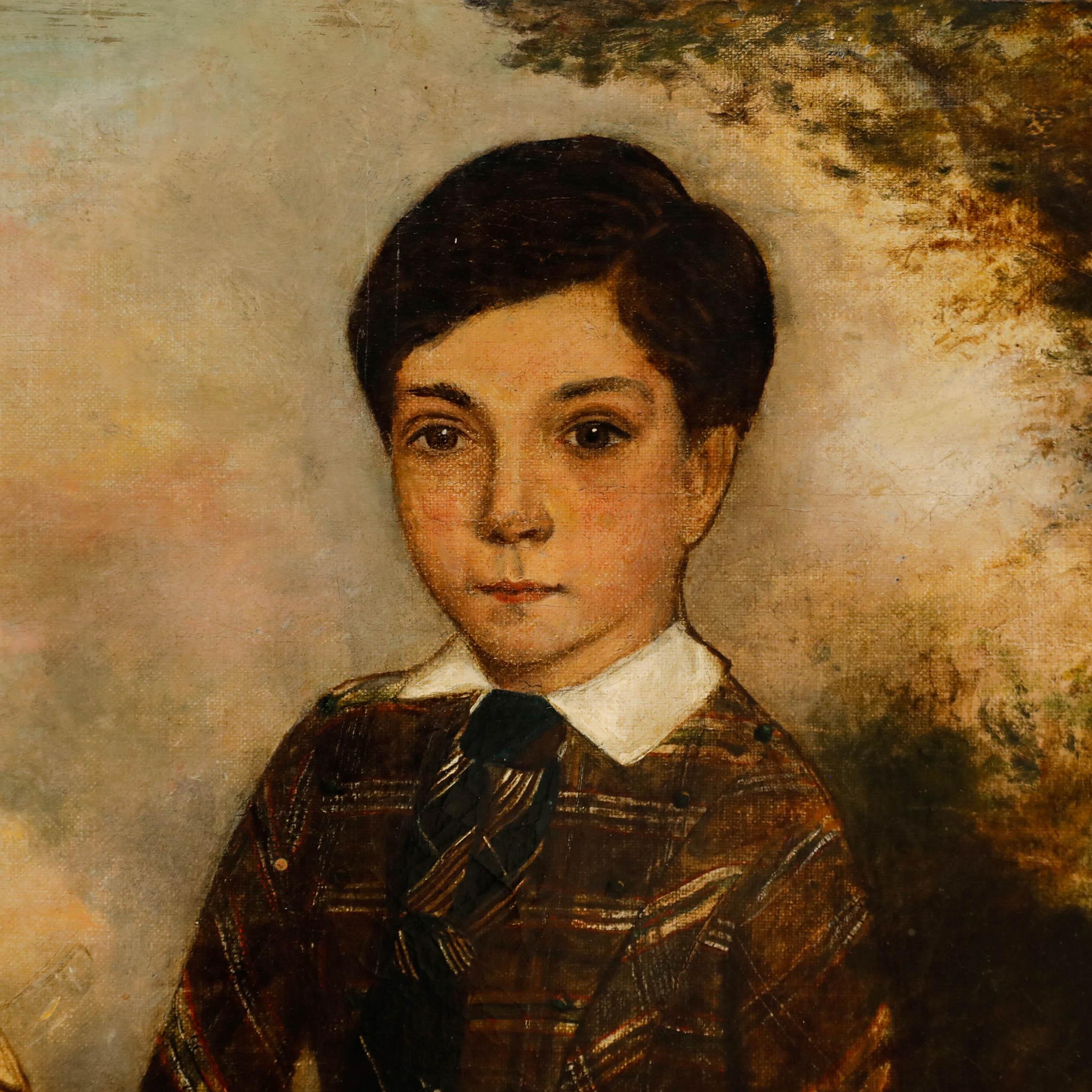 English School Volkskunst  Ölgemälde des frühen 19. Jahrhunderts – Junger Junge in Kariert im Angebot 1