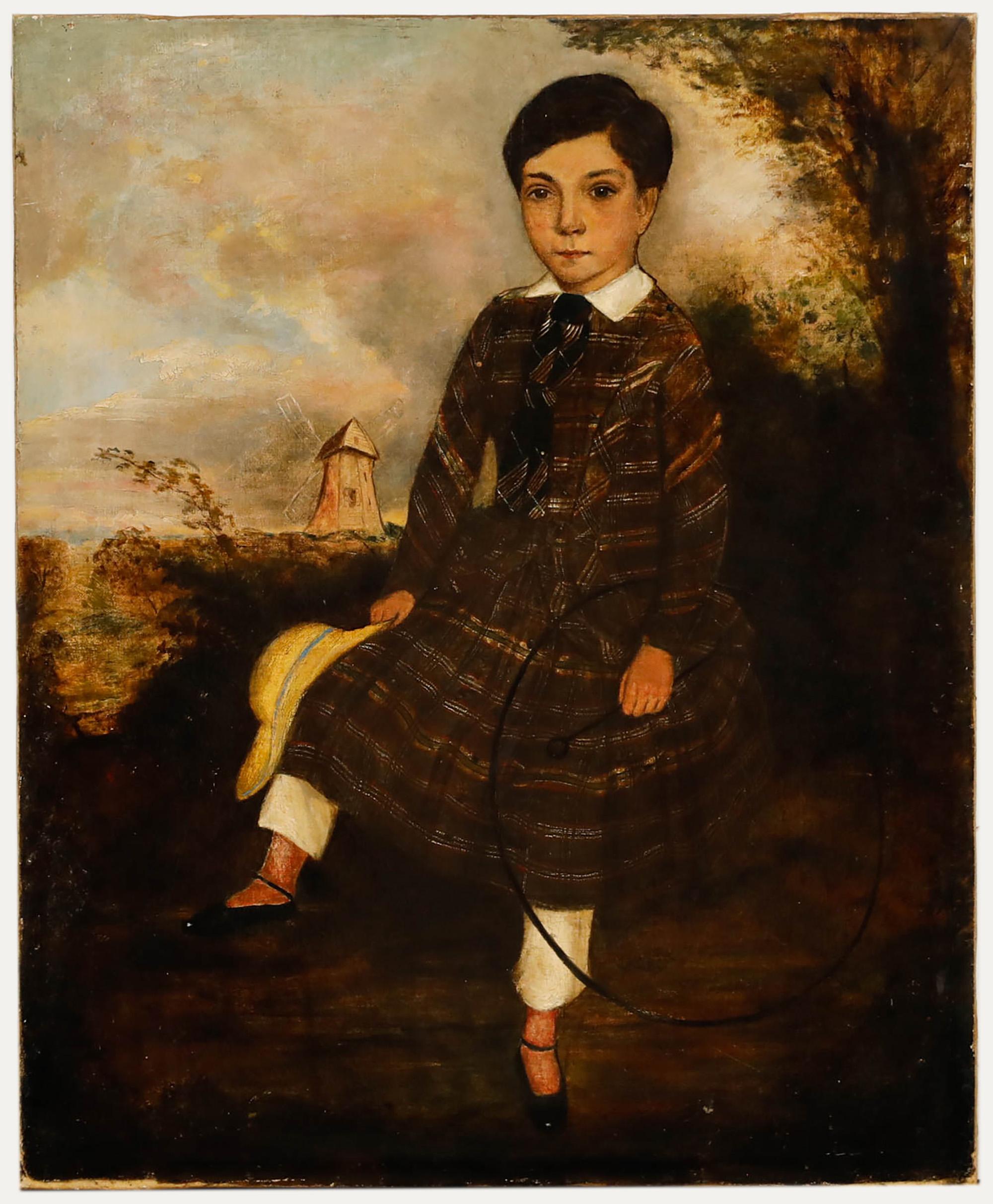 English School Folk Art  Early 19th Century Oil - Young Boy in Plaid