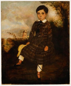 English School Folk Art  Early 19th Century Oil - Young Boy in Plaid