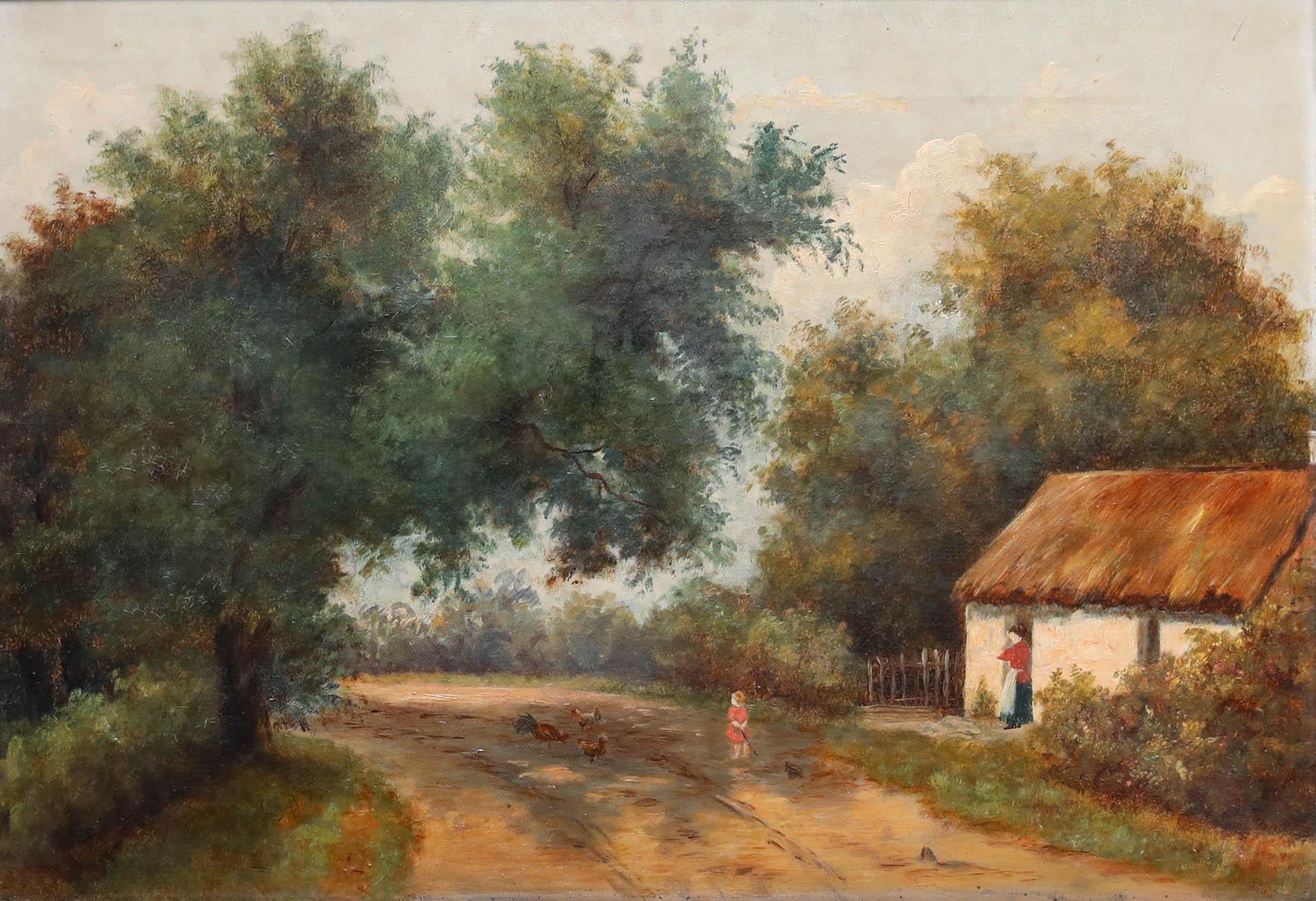 English School Late 19th Century Oil - Feeding Chickens by the Cottage - Painting by Unknown