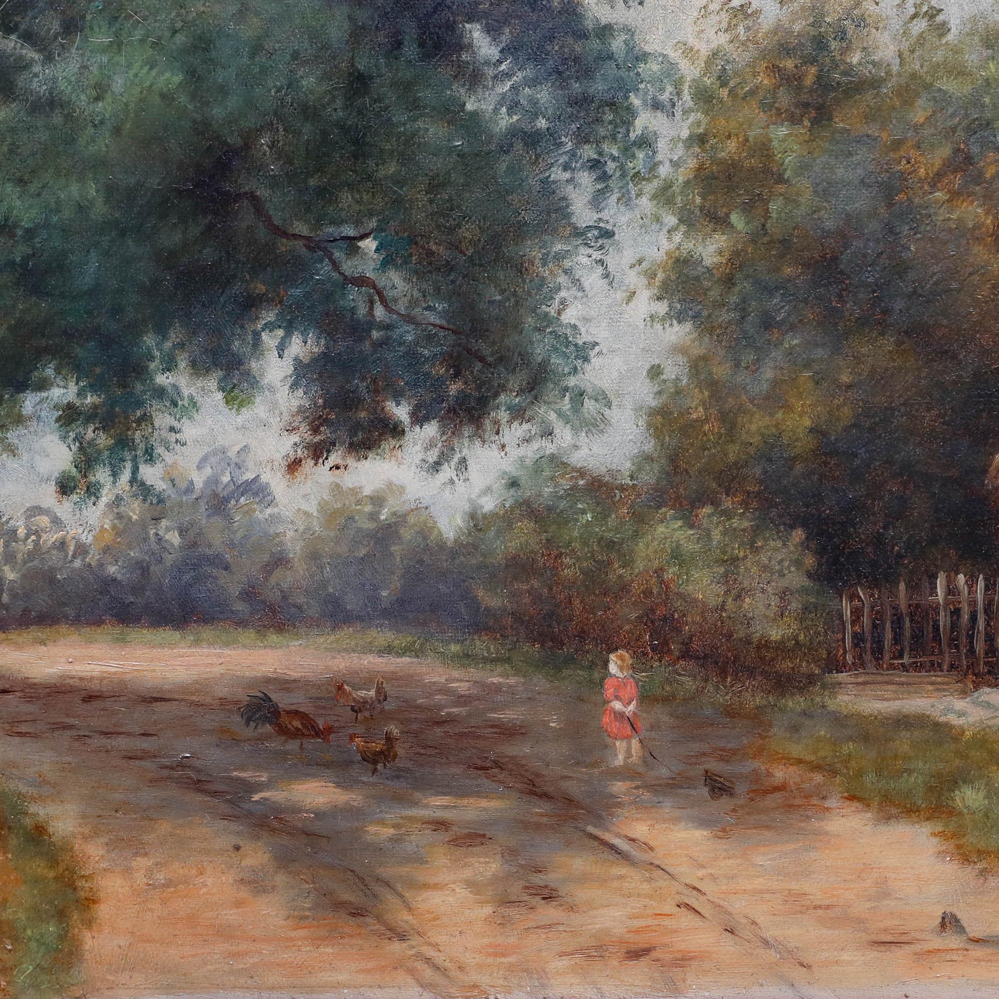 This charming landscape painting captures a serene rural scene, with a winding dirt path leading to a quaint cottage nestled among lush trees. In the foreground, the artist captures a mother watching her child from the cottage door, as the young