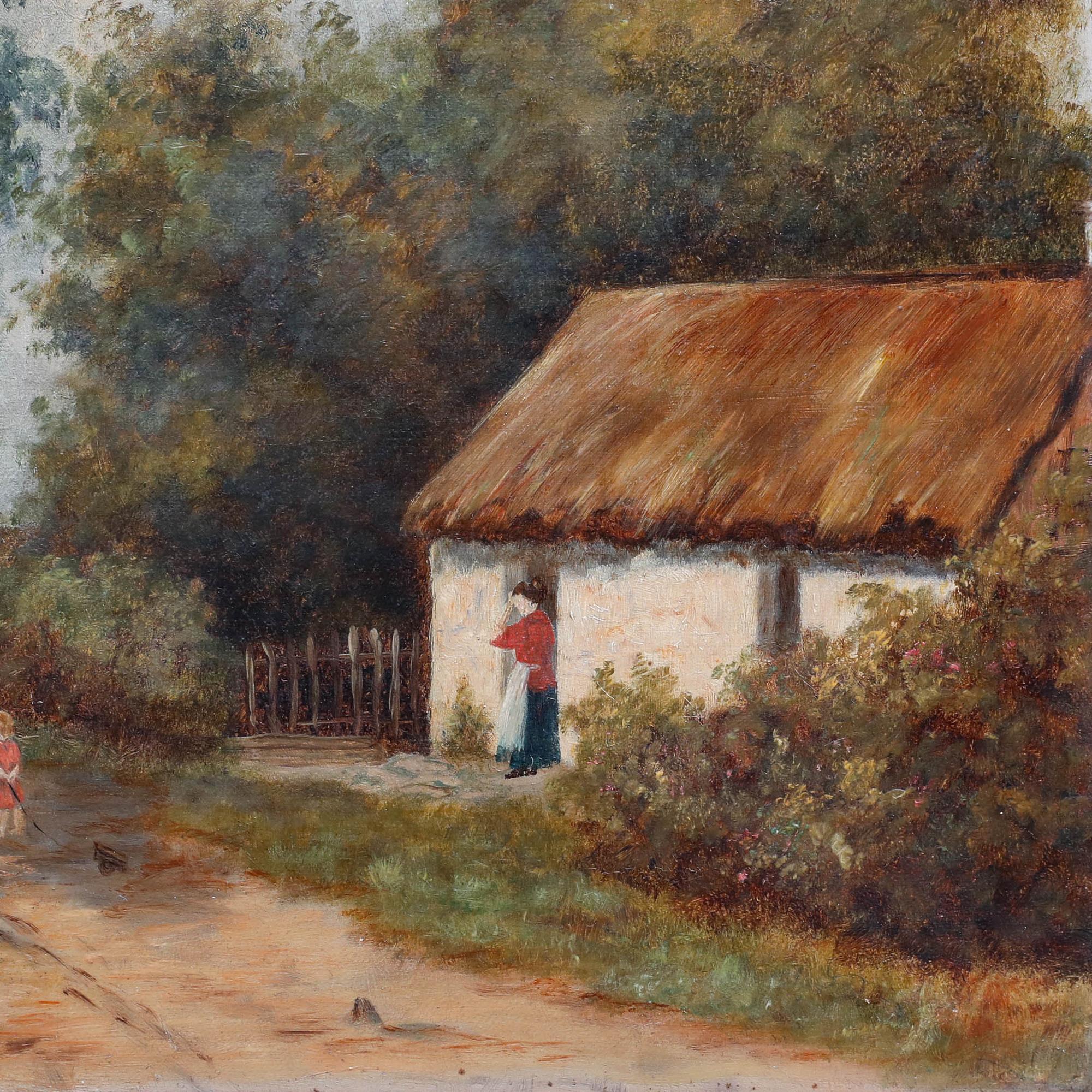 English School Late 19th Century Oil - Feeding Chickens by the Cottage For Sale 1