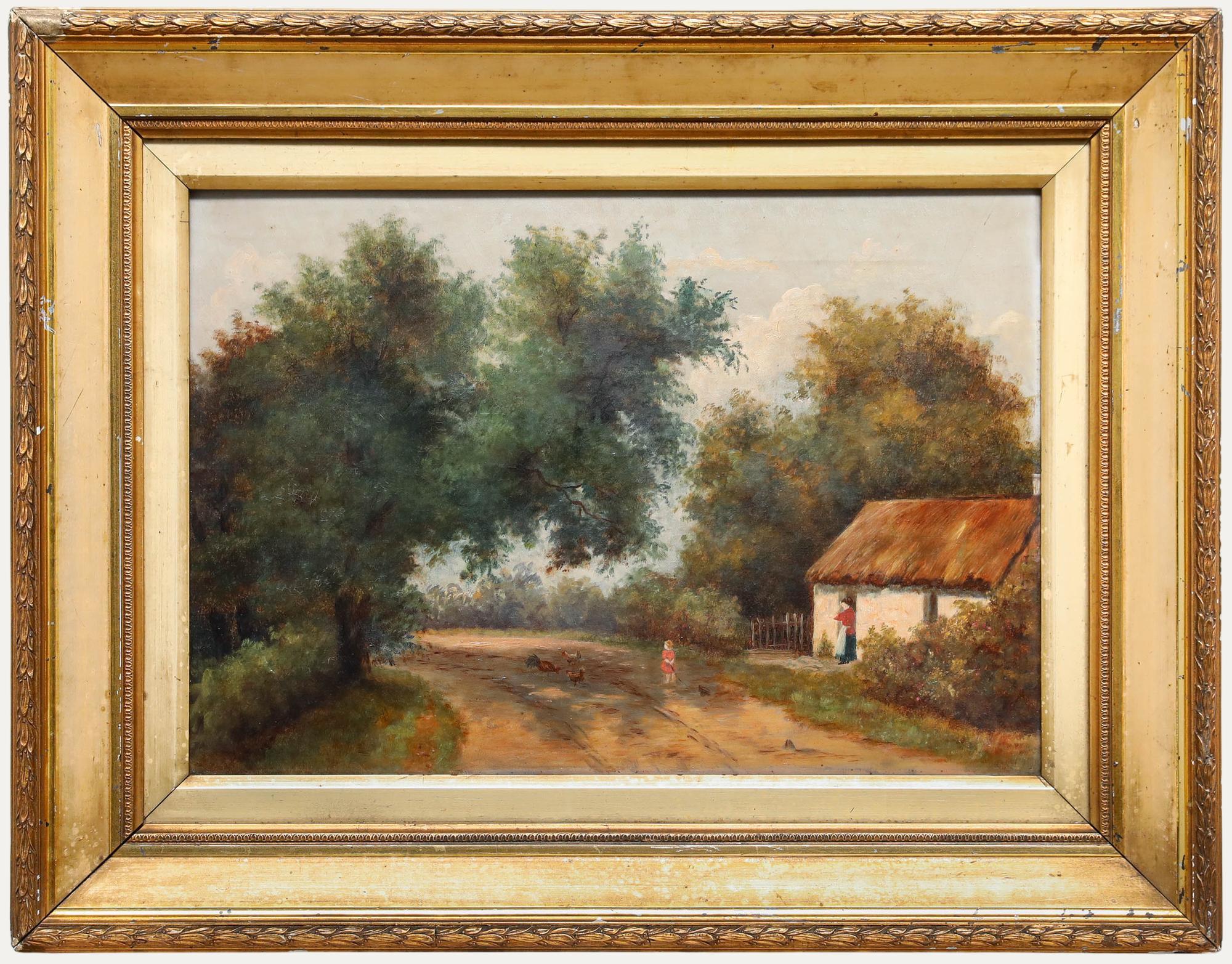 Unknown Landscape Painting - English School Late 19th Century Oil - Feeding Chickens by the Cottage