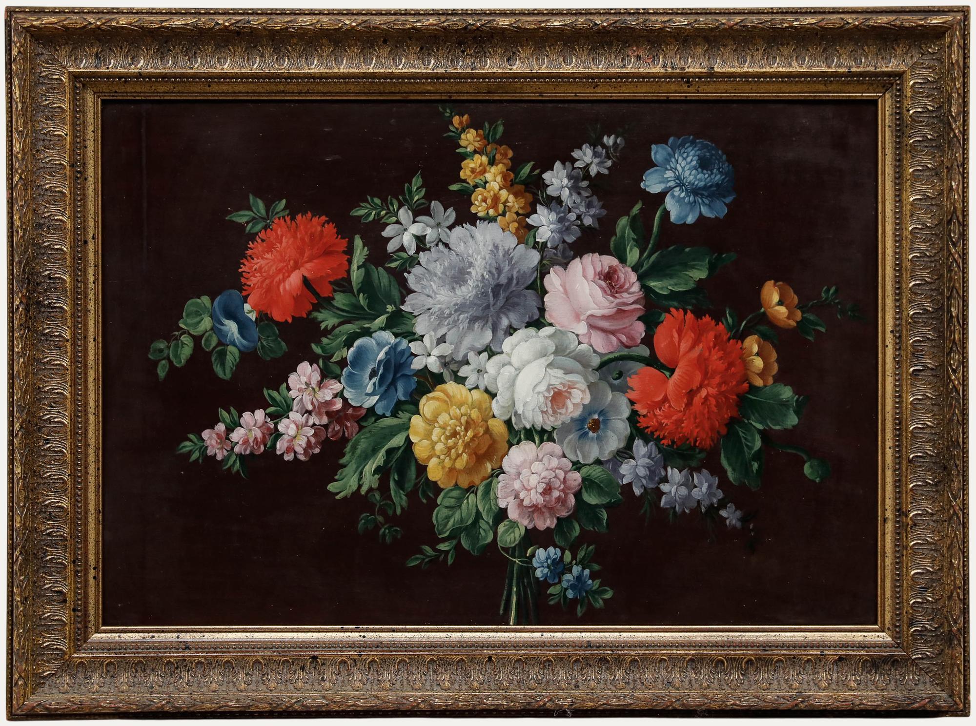 Still-Life Painting de Unknown - Óleo de la English School de finales del siglo XIX - Rosas y Peonías