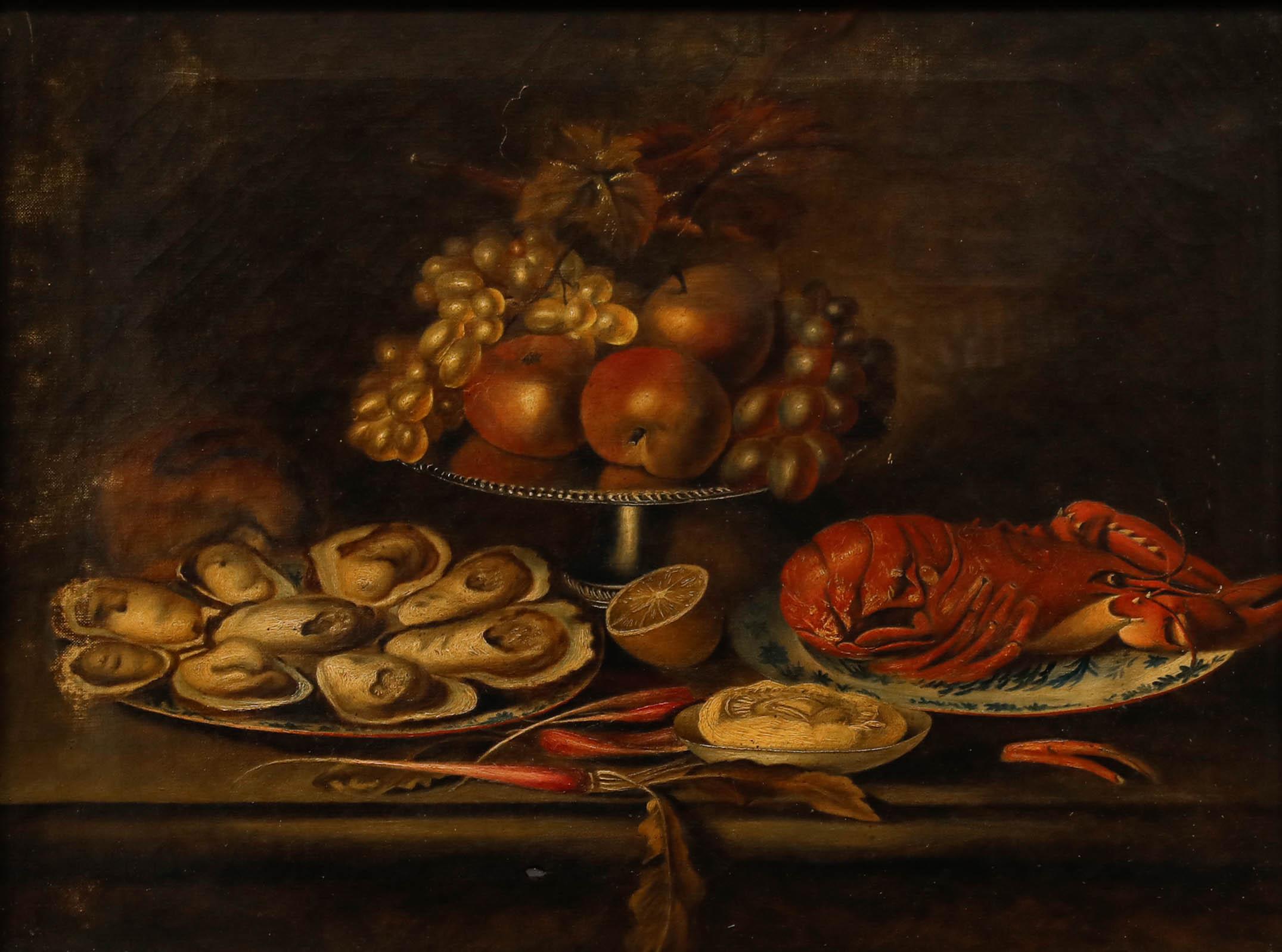 Olio di English School della fine del XIX secolo - Natura morta di ostriche e aragoste - Painting di Unknown