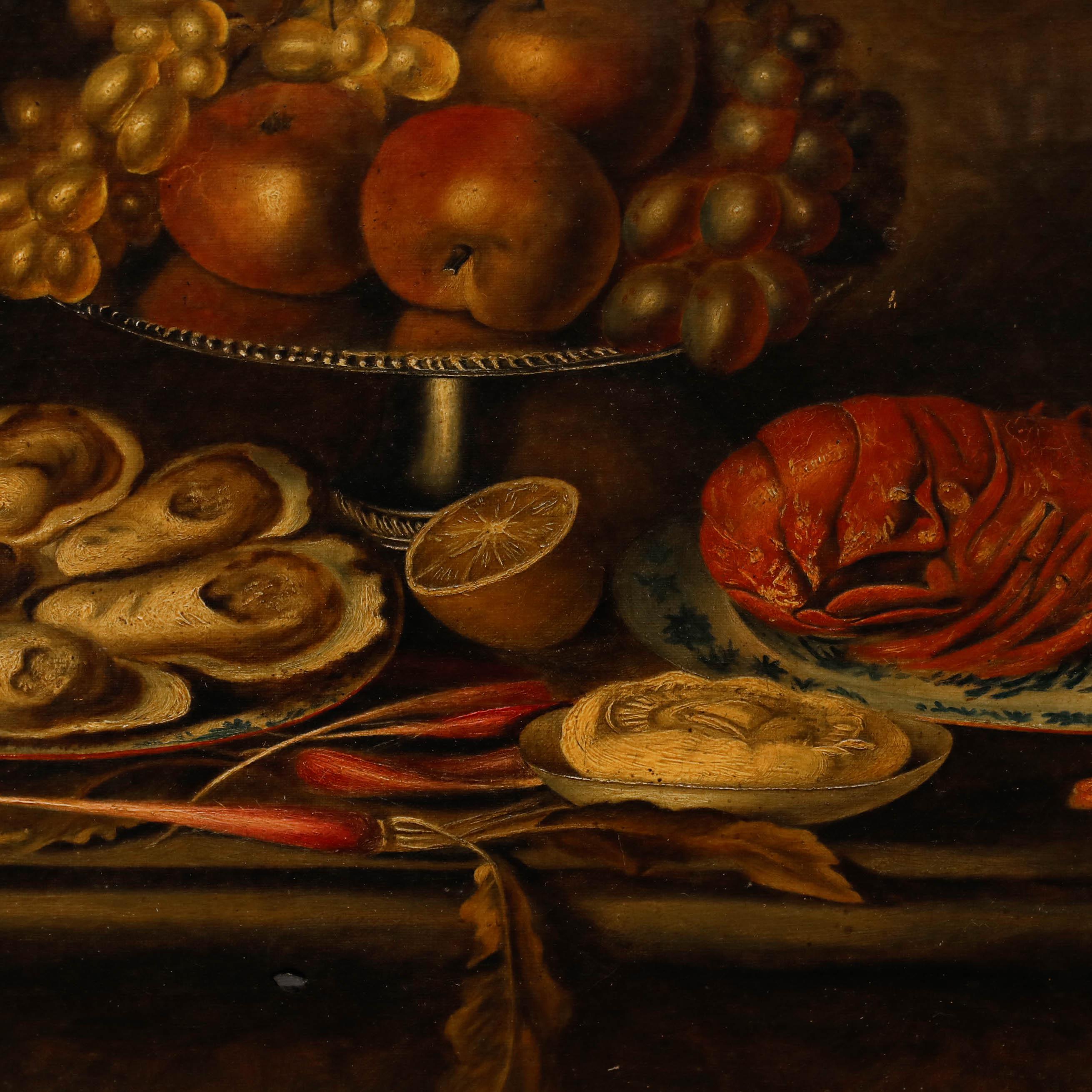 Olio di English School della fine del XIX secolo - Natura morta di ostriche e aragoste in vendita 1