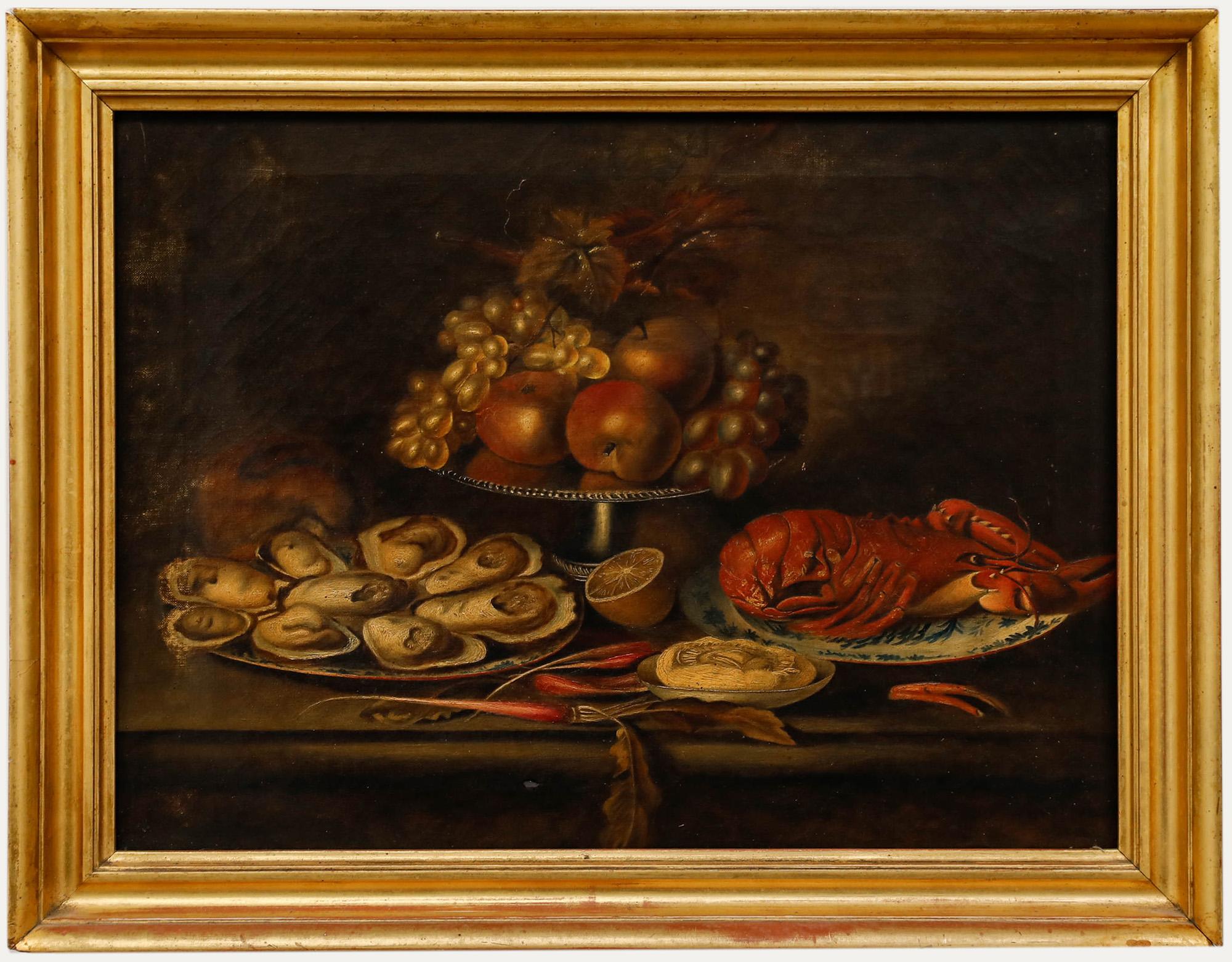 Still-Life Painting di Unknown - Olio di English School della fine del XIX secolo - Natura morta di ostriche e aragoste