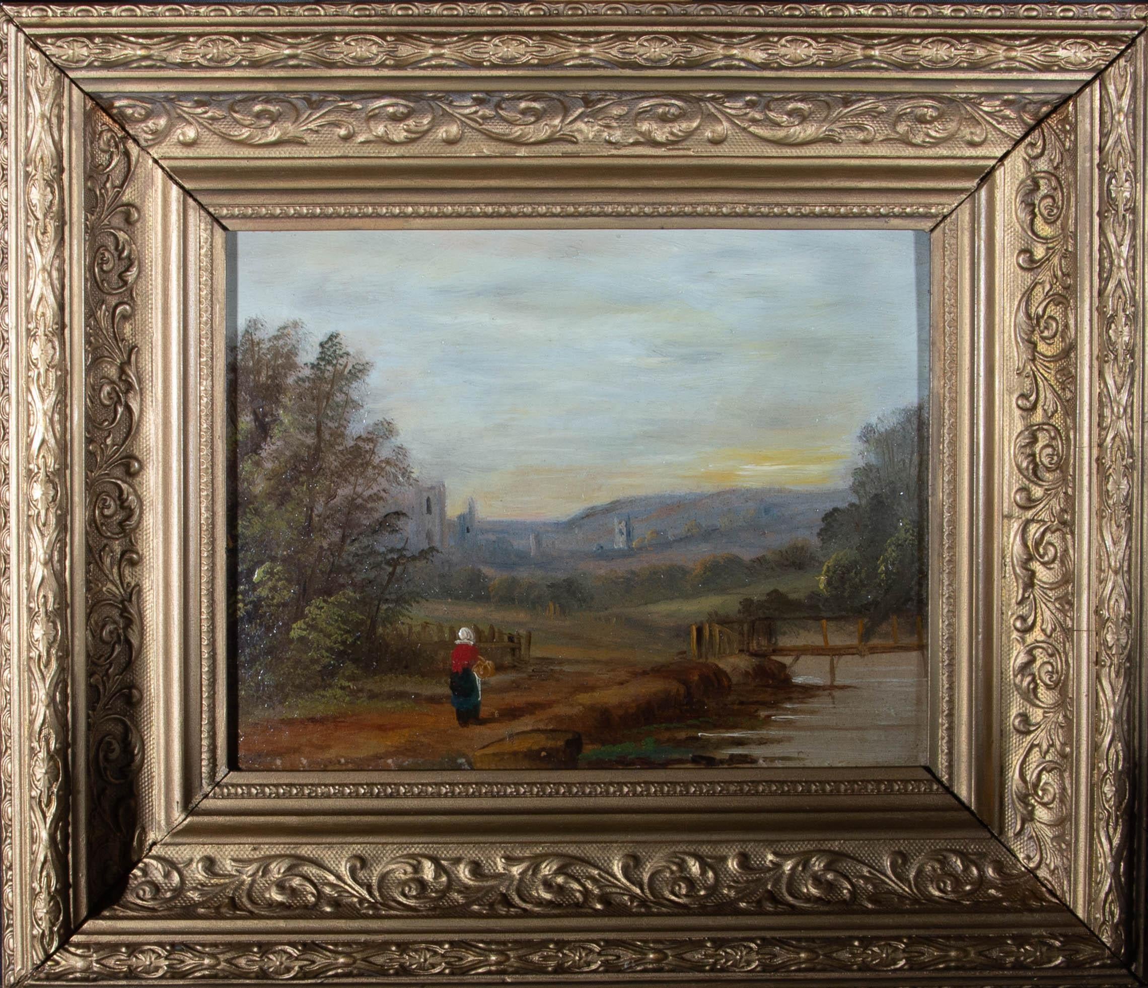 English School Late 19th Century Oil - Sun Down - Brown Landscape Painting by Unknown