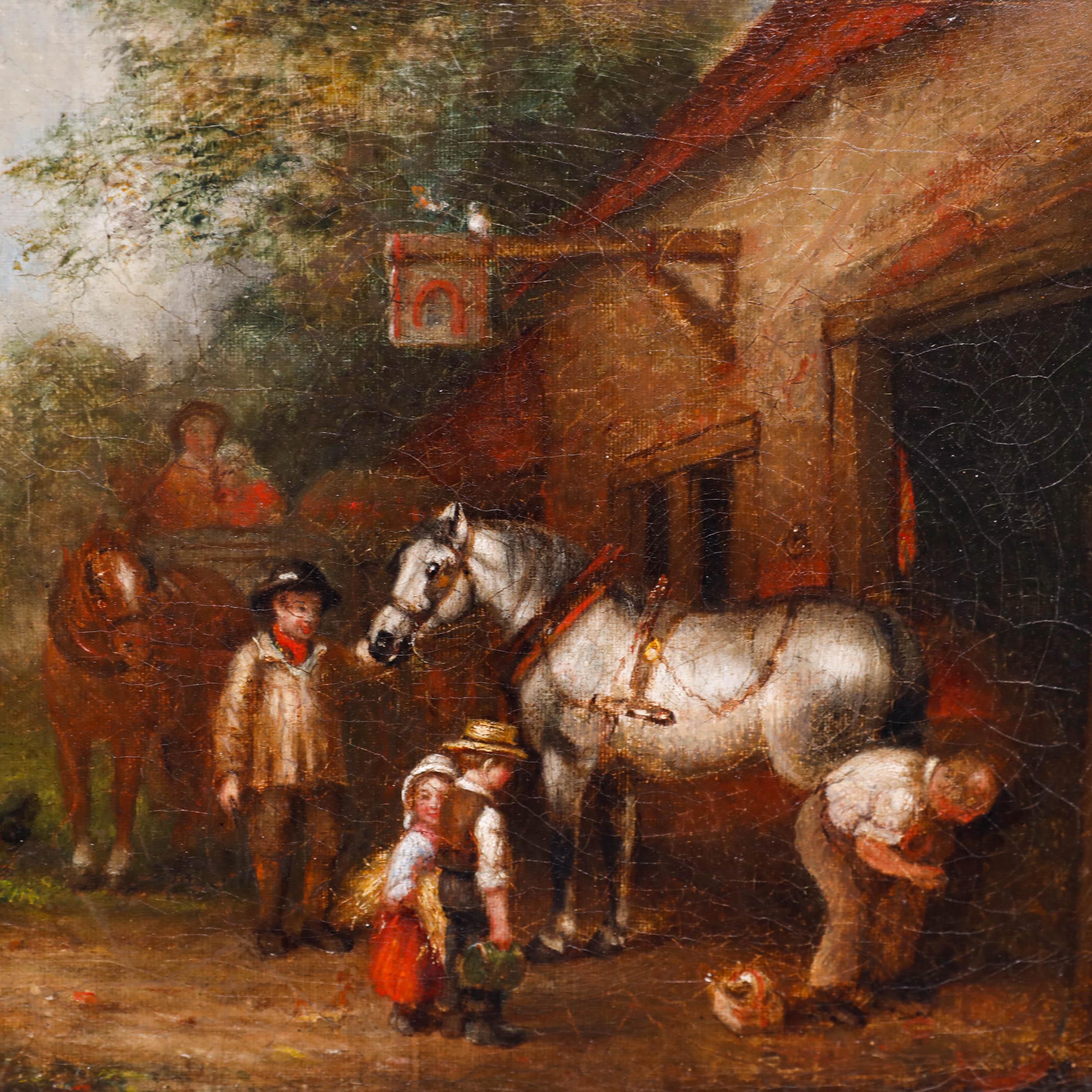 English School Mitte des 19. Jahrhunderts Öl - Schmied beschlägt ein Pferd (Braun), Figurative Painting, von Unknown