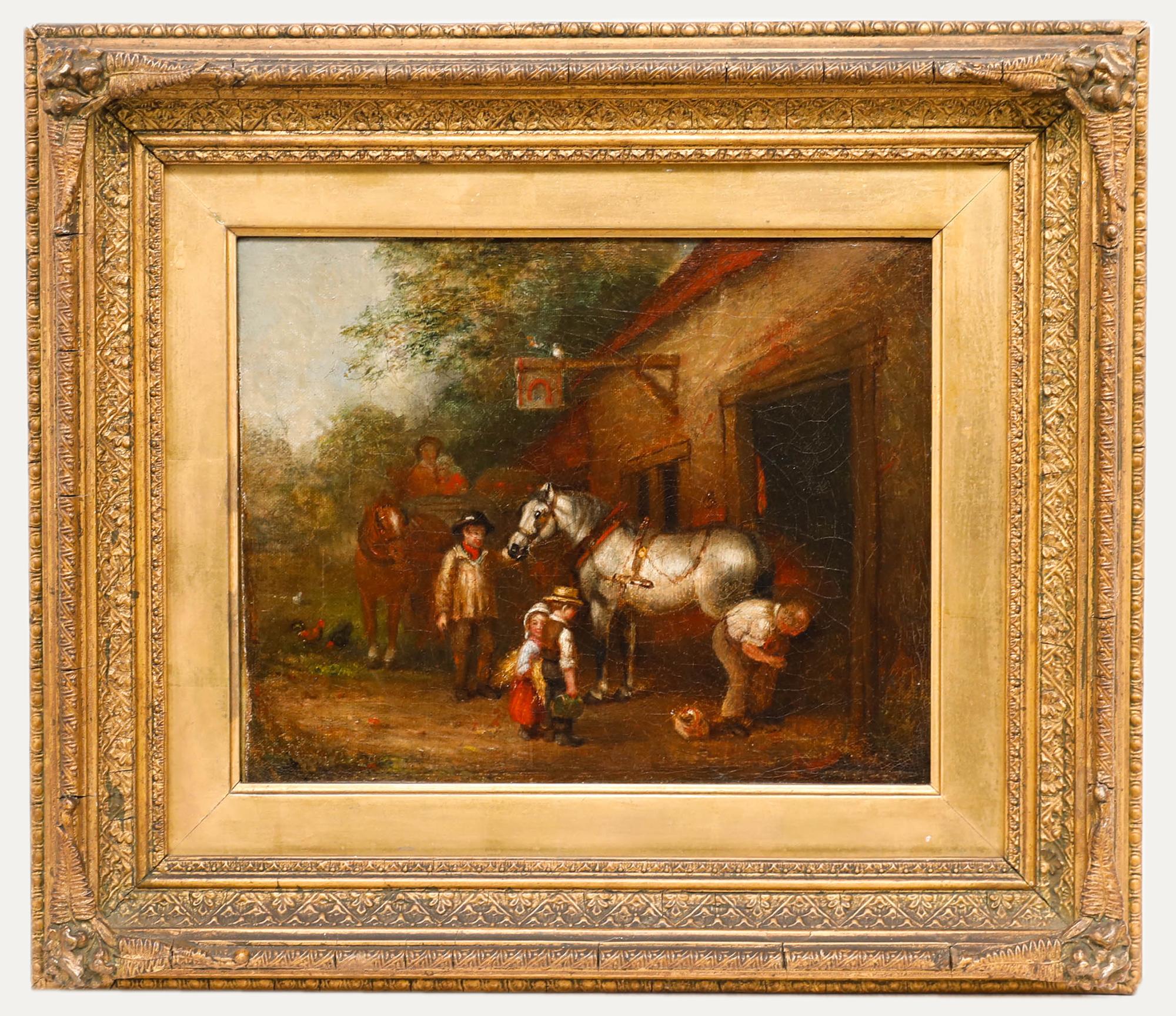 English School Mid 19th Century Oil - Forgeron ferrant un cheval