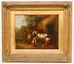 Antique English School Mid 19th Century Oil - Blacksmith Shoeing a Horse