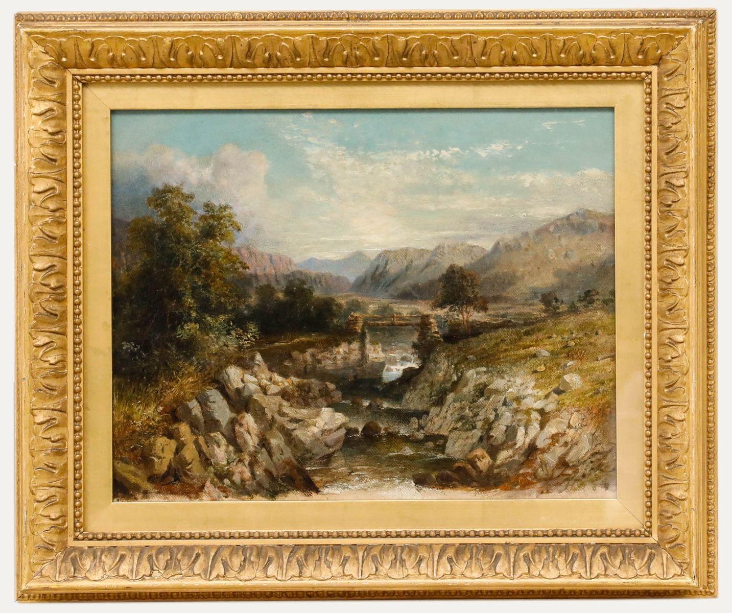 Landscape Painting di Unknown - English School  Olio della metà del XIX secolo - Passerella nella valle