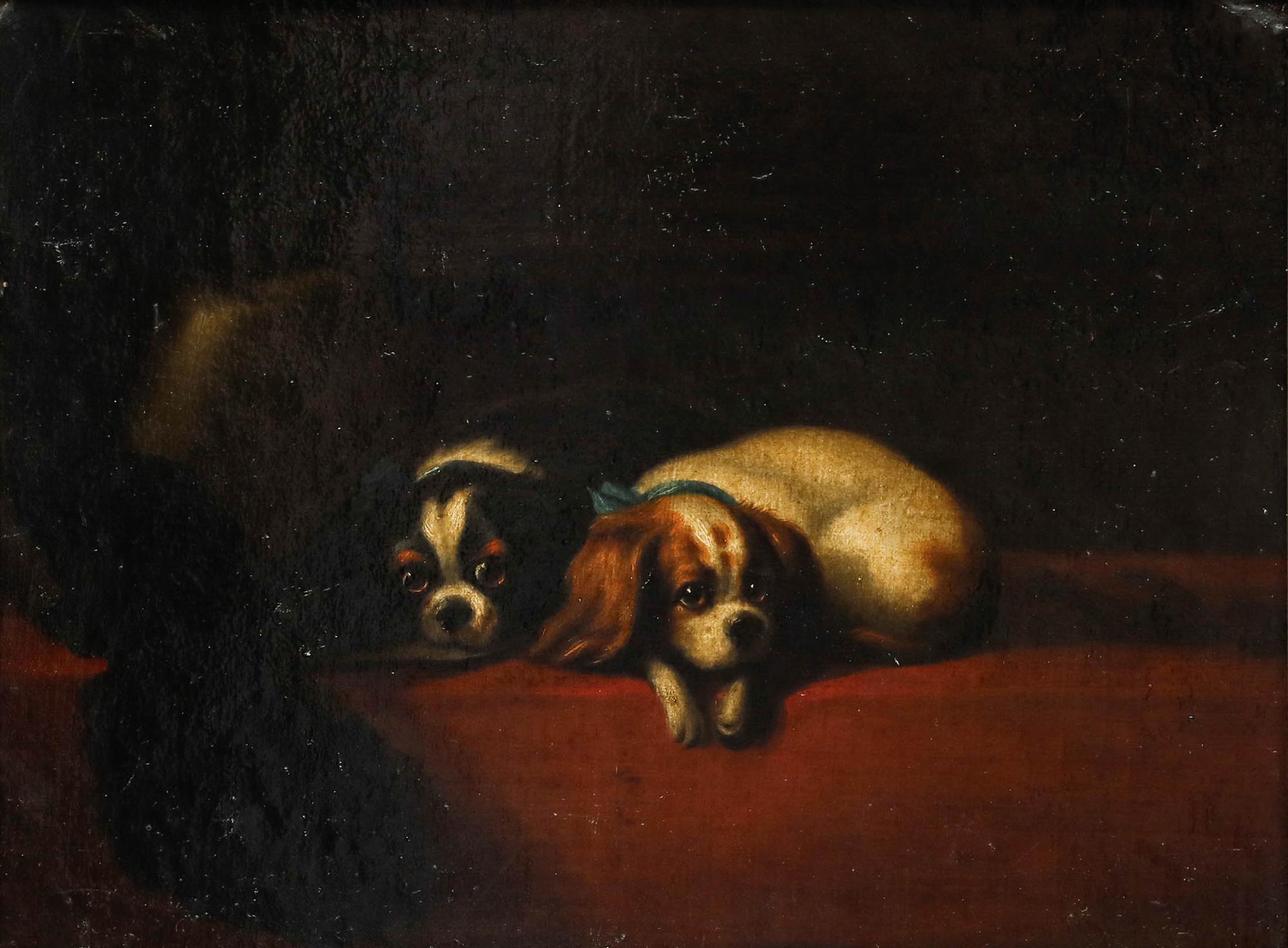 English School Mid 19th Century Oil - King Charles Spaniels - Painting by Unknown