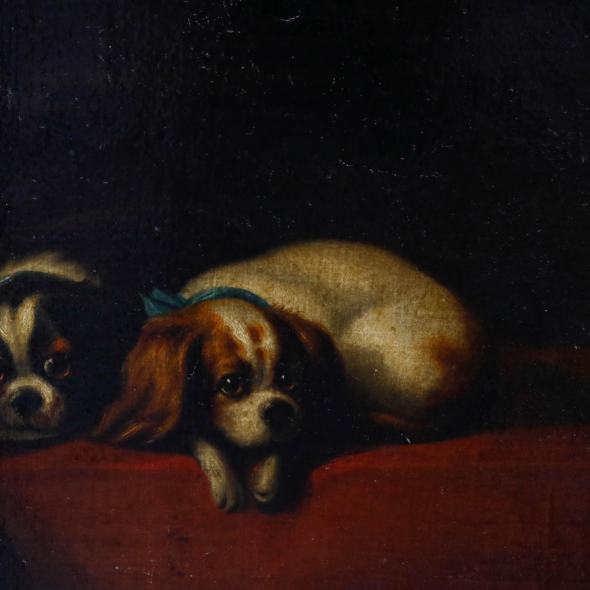 English School Mid 19th Century Oil - King Charles Spaniels - Black Animal Painting by Unknown