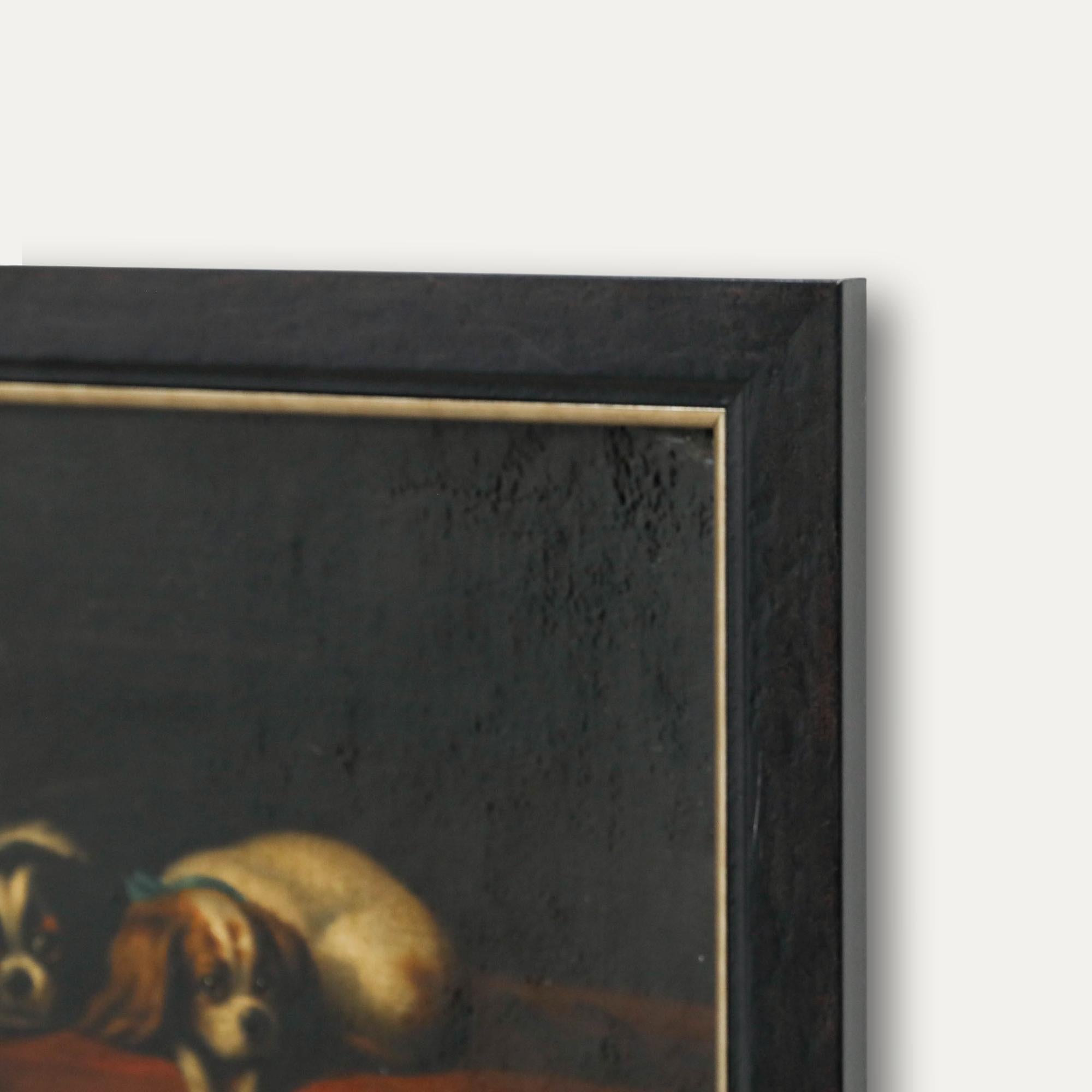 A very fine study of two King Charles Spaniels resting on a plush red velvet armchair. Each with a blue ribbon around their necks that the artist has captured with fine detail. Well presented in a simple black frame with gilt detail. Unsigned. On