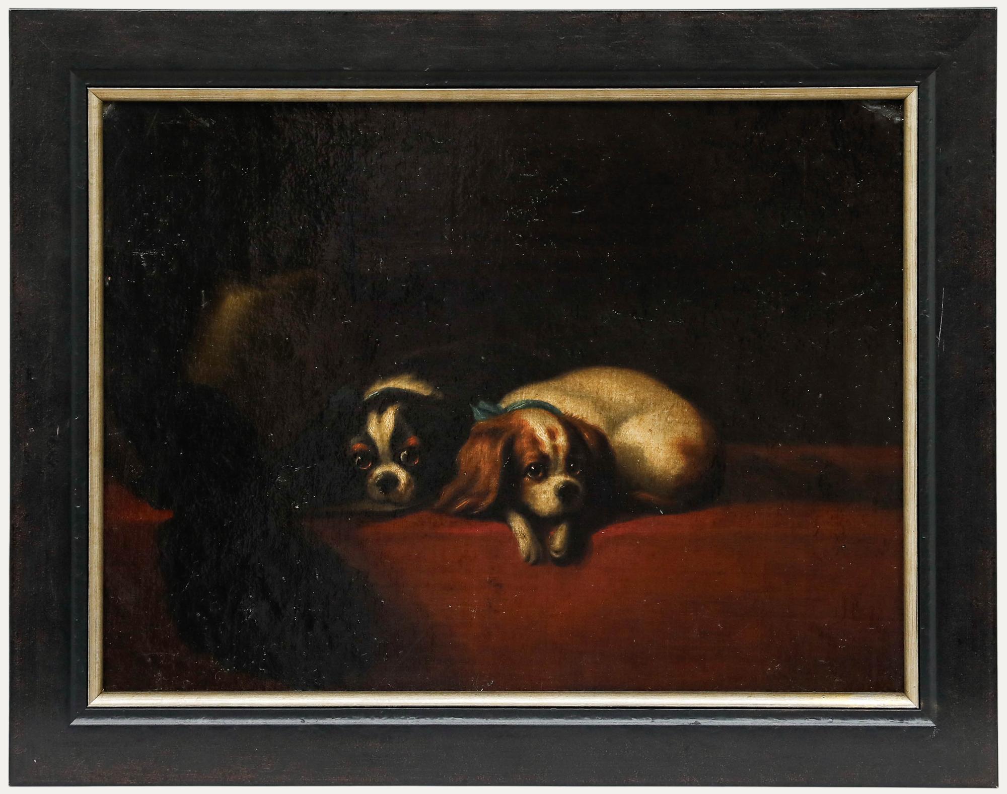 Unknown Animal Painting - English School Mid 19th Century Oil - King Charles Spaniels