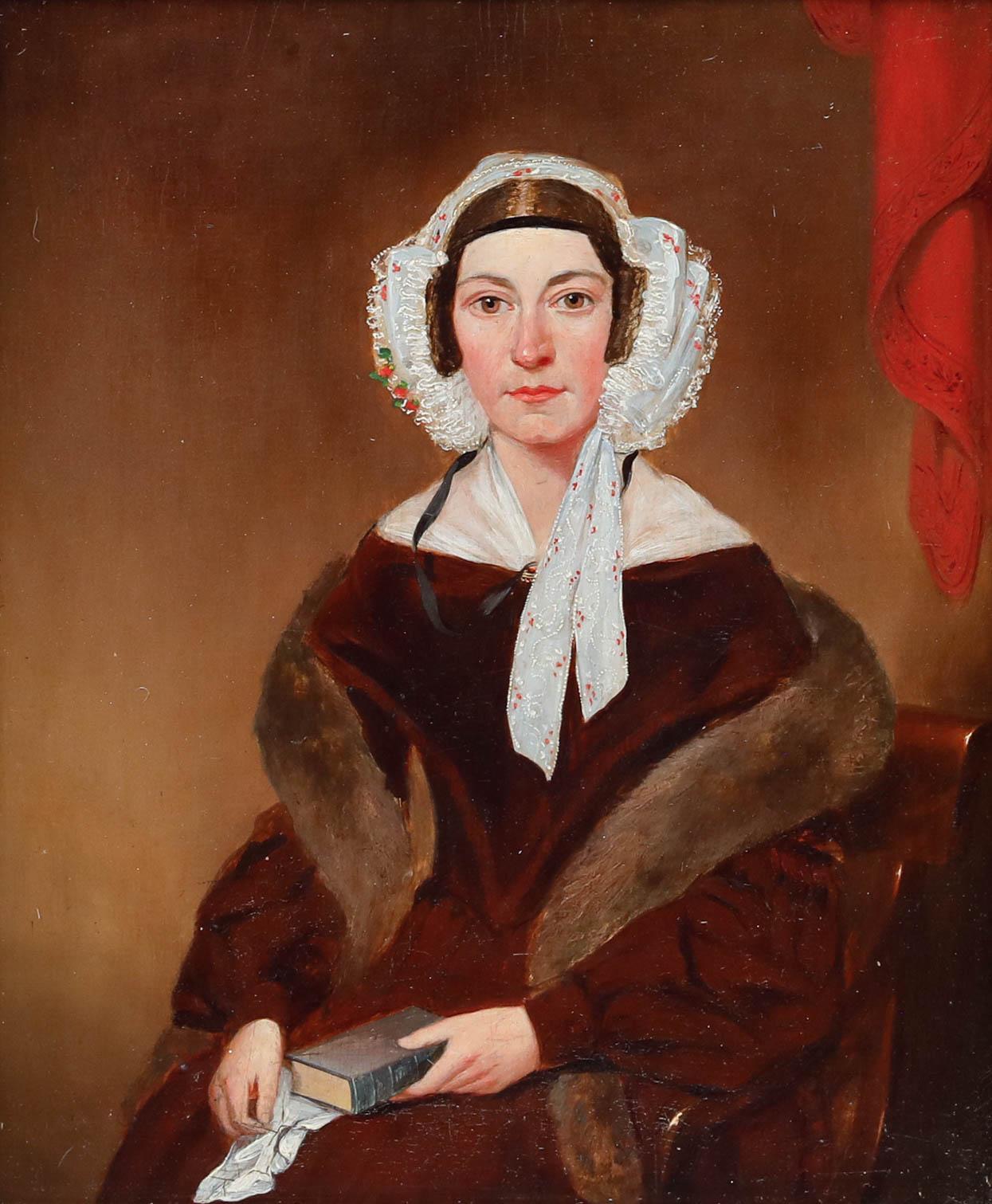 English School Mid 19th Century Oil - Lady in Lace and Fur - Painting by Unknown