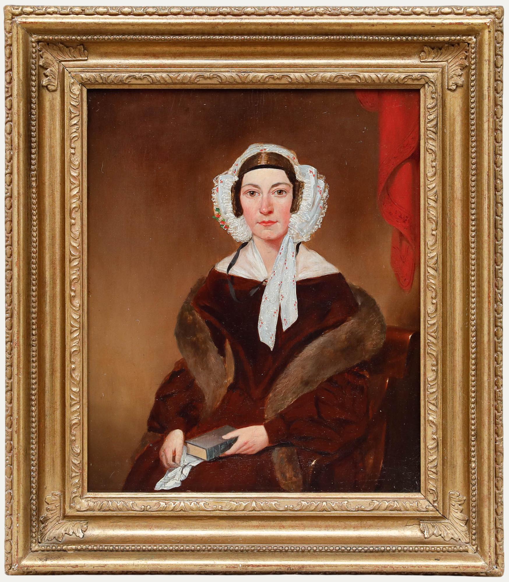 Unknown Portrait Painting - English School Mid 19th Century Oil - Lady in Lace and Fur