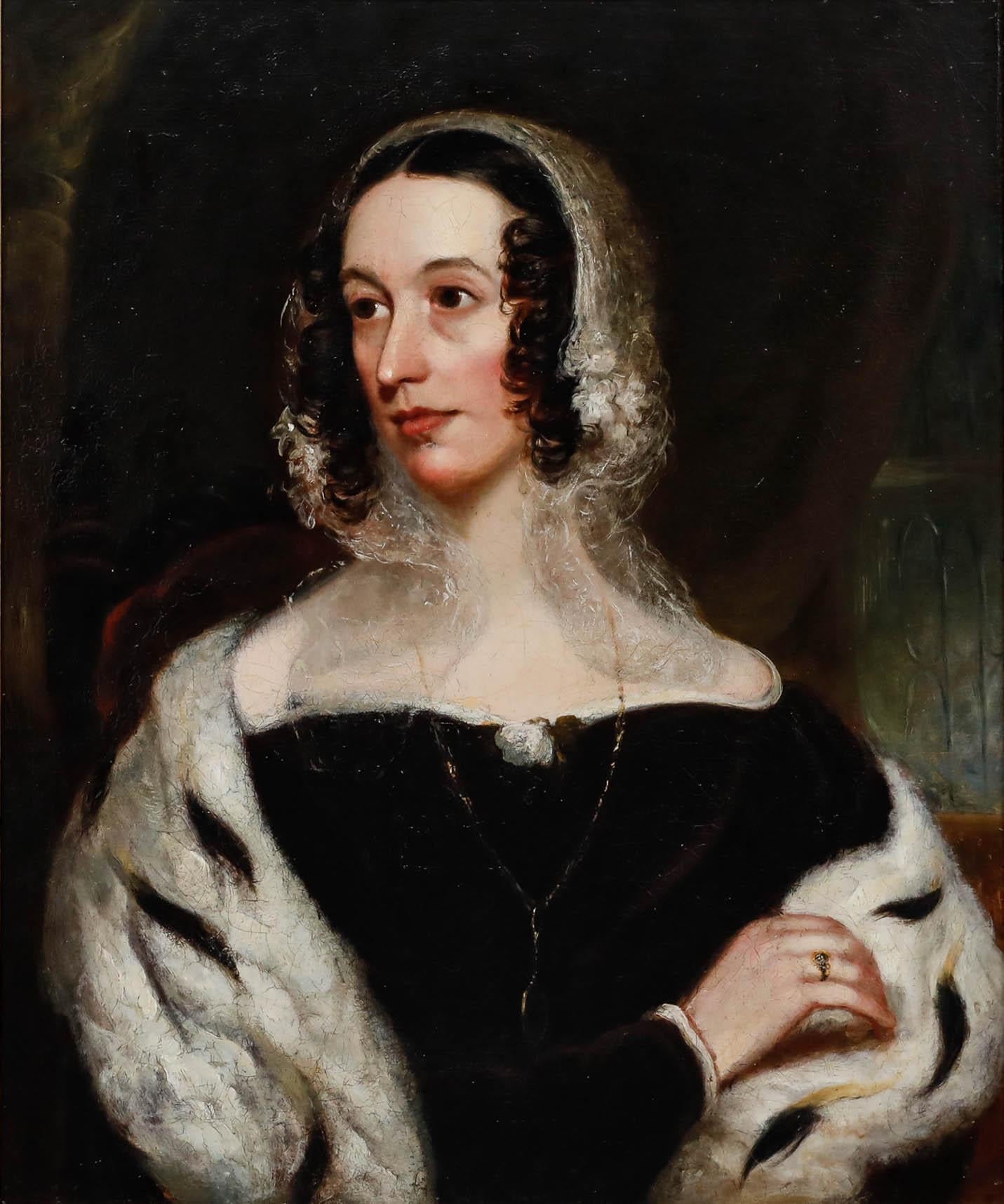 English School Mitte des 19. Jahrhunderts Öl - Porträt einer Dame mit Hermelinstola – Painting von Unknown