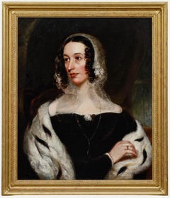 Olio di English School della metà del XIX secolo - Ritratto di signora con stola d'ermellino