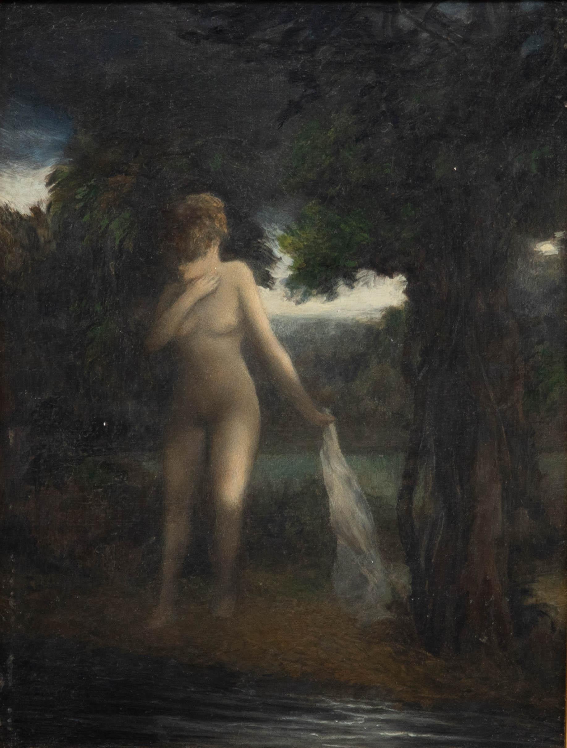 English School  Mid 20th Century Oil - Bather in the Woodland Lake - Painting by Unknown