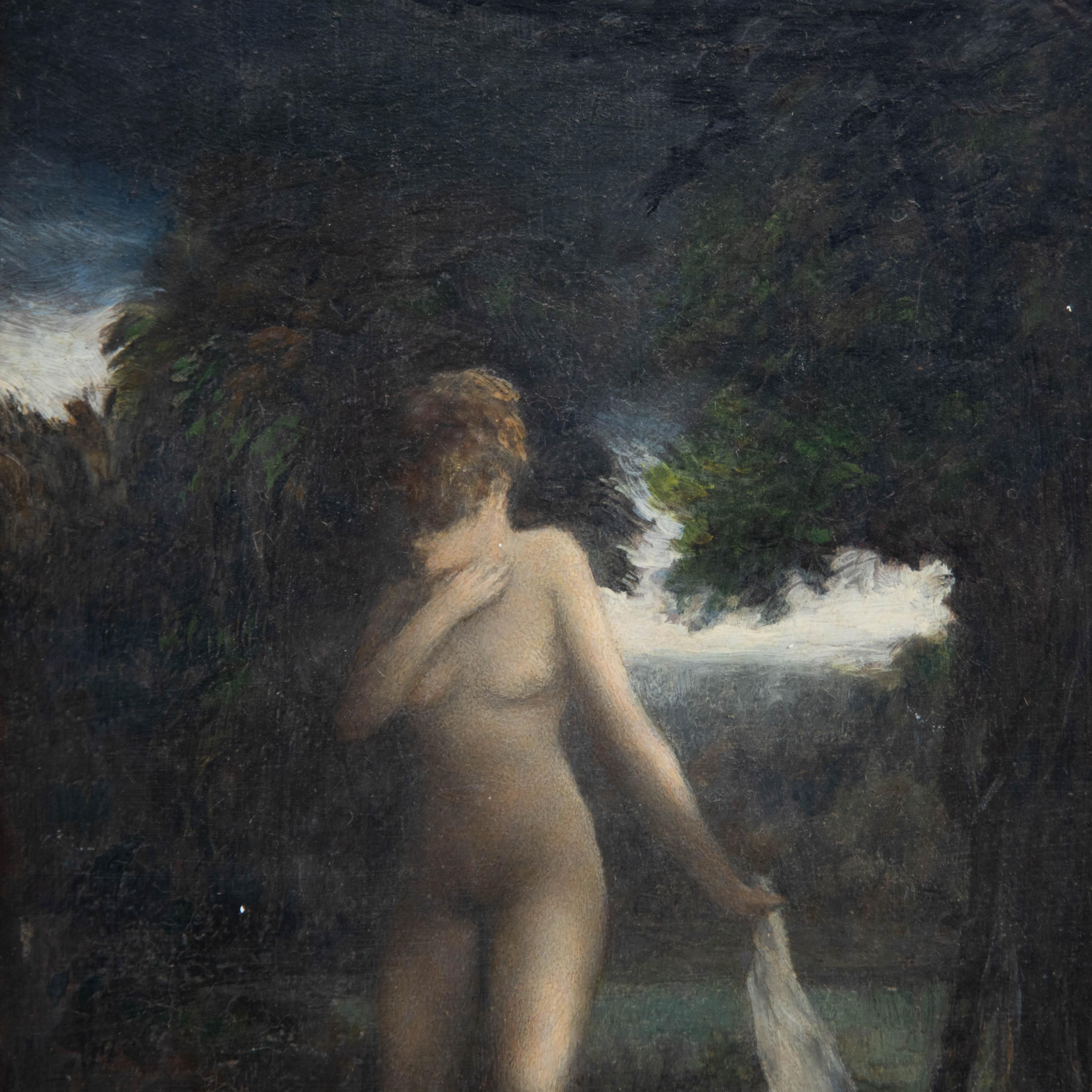 English School  Mid 20th Century Oil - Bather in the Woodland Lake For Sale 1