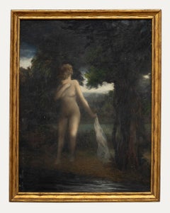 Vintage English School  Mid 20th Century Oil - Bather in the Woodland Lake