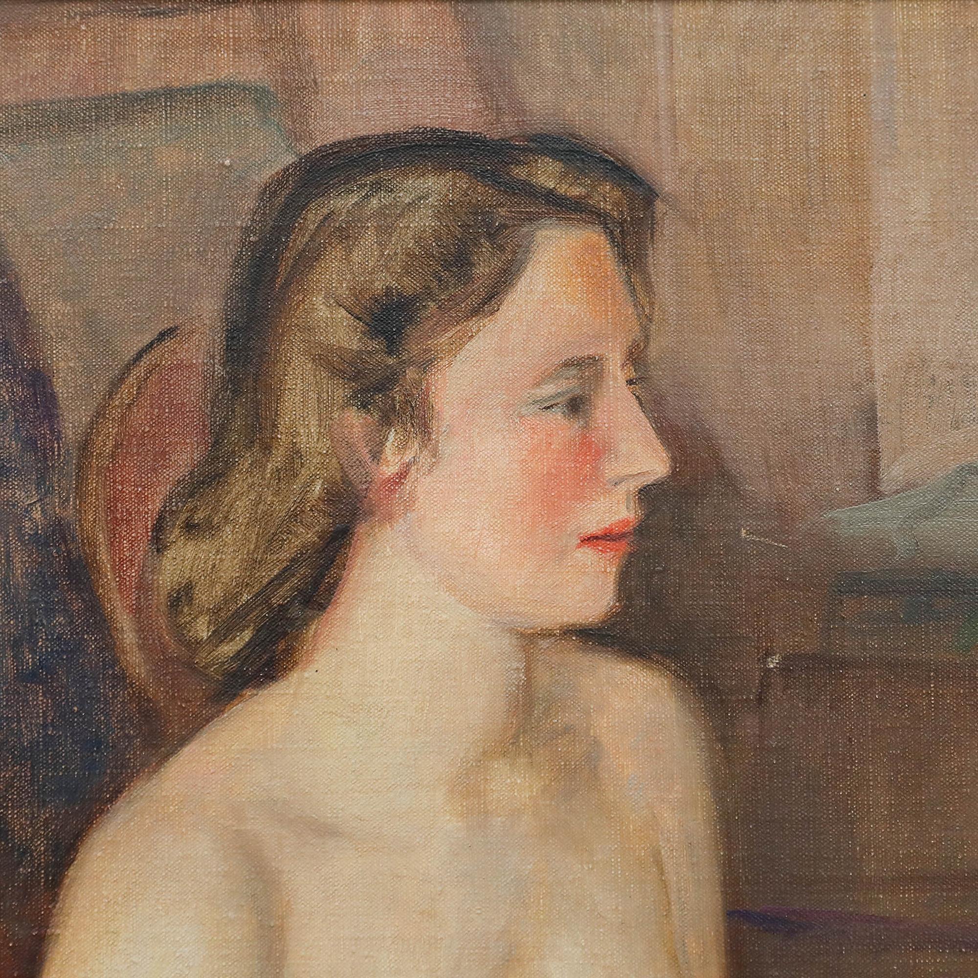 Eine charmante Ölstudie, die ein auf einem Bett sitzendes, nacktes Modell zeigt. Der Künstler fängt die Szene in einer weichen Palette ein, die die gedämpfte Weichheit des Stils der Mitte des 20. Jahrhunderts unterstreicht. Nicht signiert. Gut