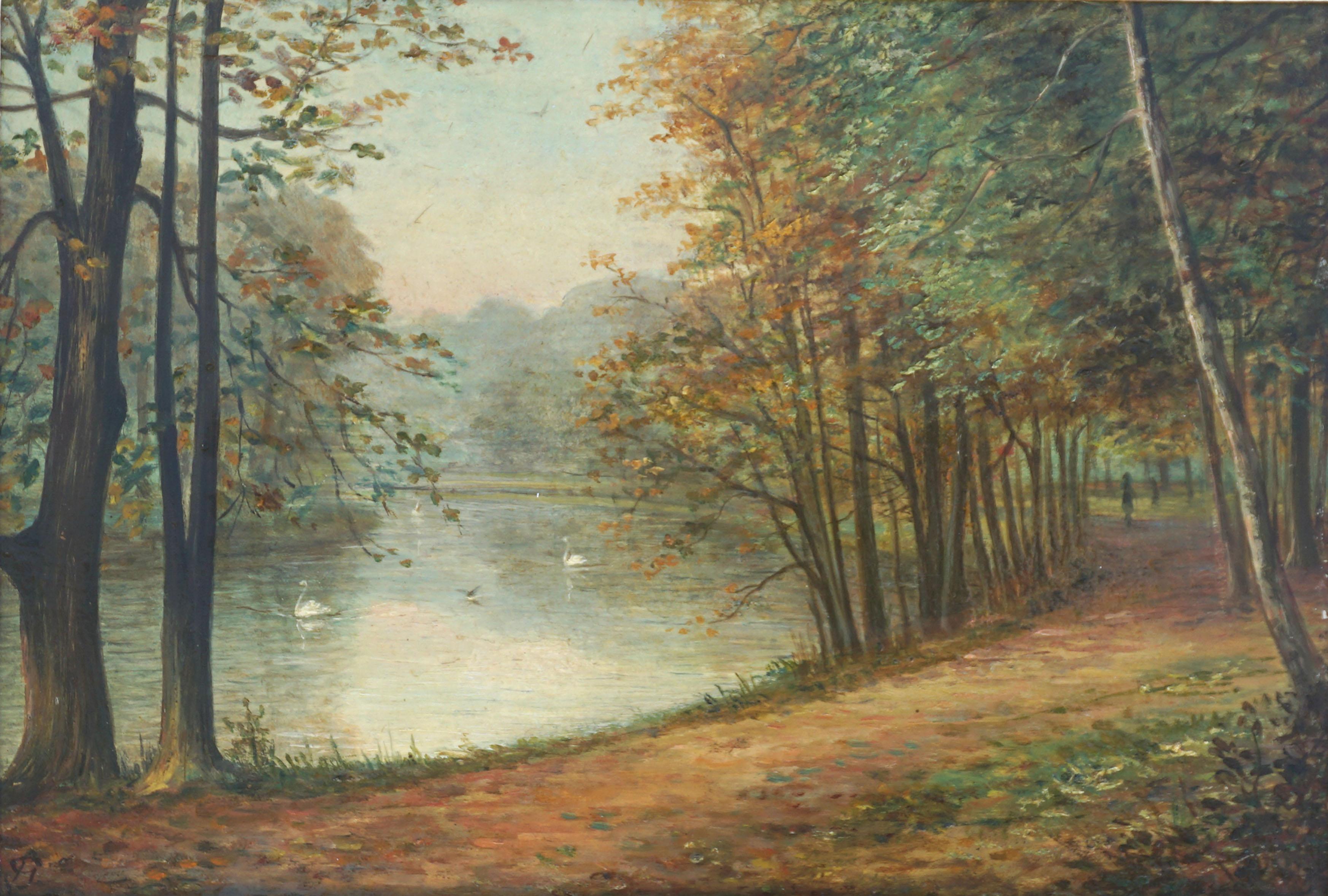 English School Swans in Park - Turn of the Century Landscape - Painting by Unknown
