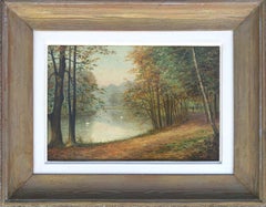 English School Swans in Park - Turn of the Century Landscape
