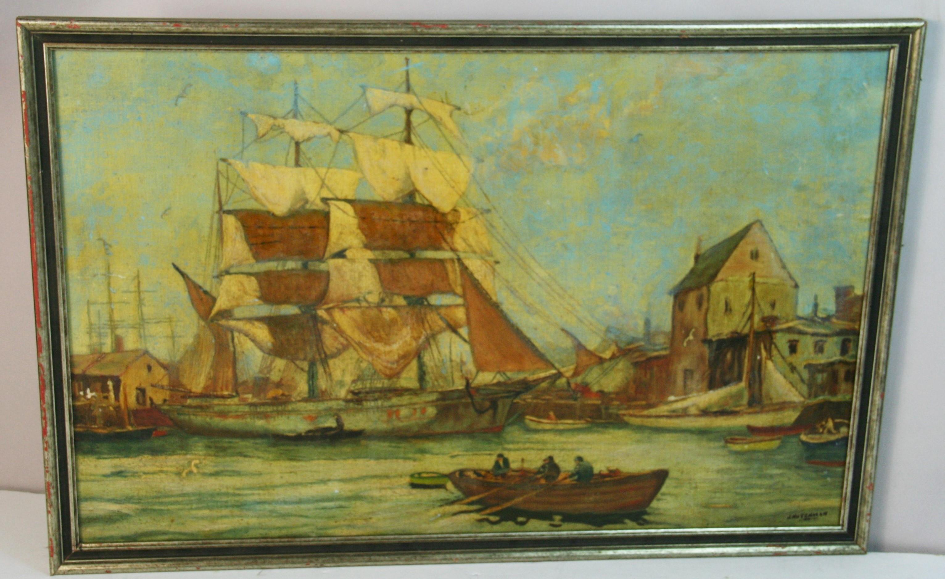 English Scooner Leaving the Dock von J.H.Hutchman (Braun), Landscape Painting, von Unknown