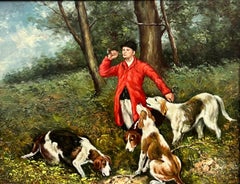 English Sporting Style Oil Painting, Huntsman & Hounds, Ornate Gilt Frame