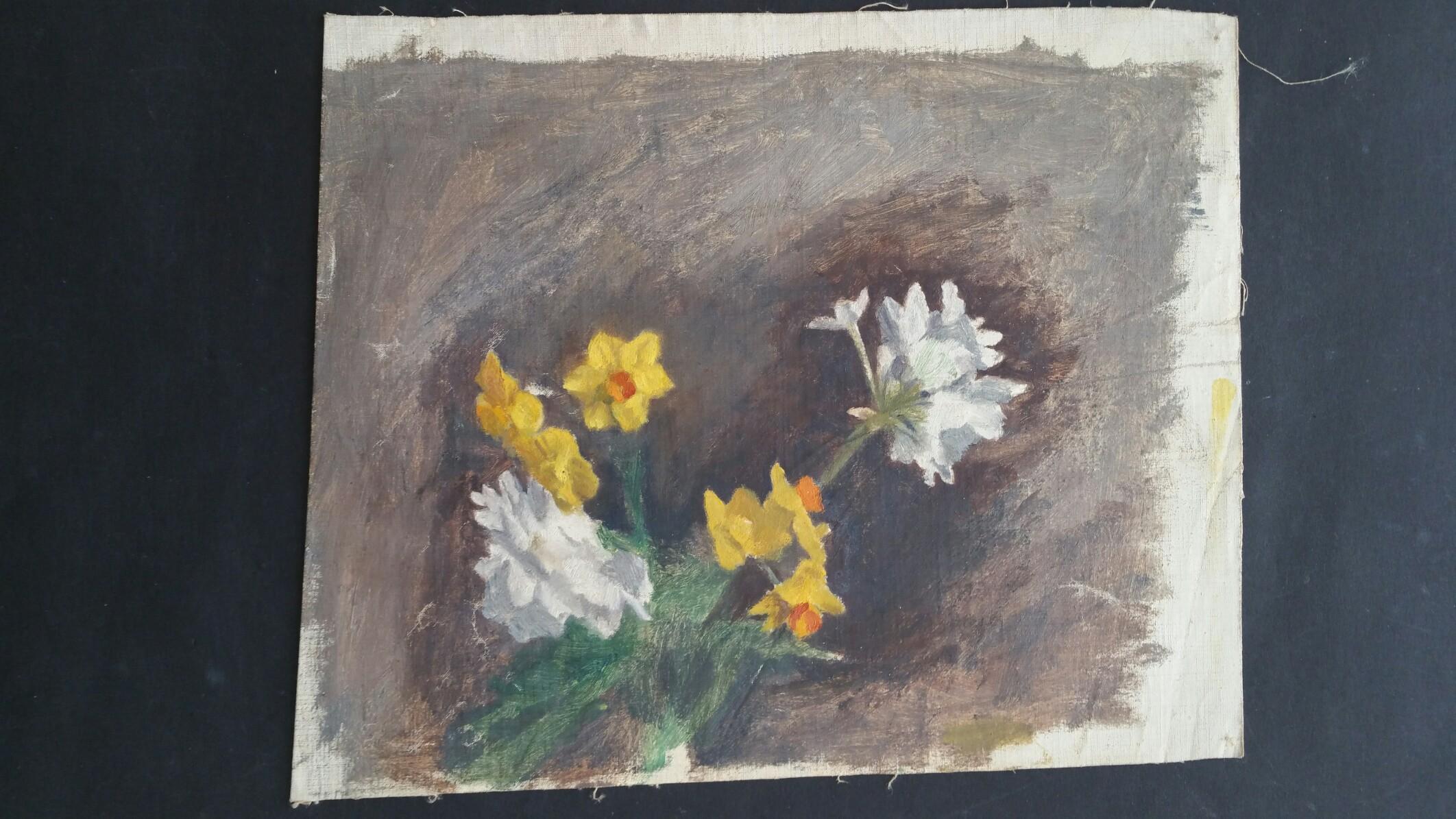 Pintura al óleo vintage inglesa sobre lienzo, Flores de primavera - Painting de Unknown