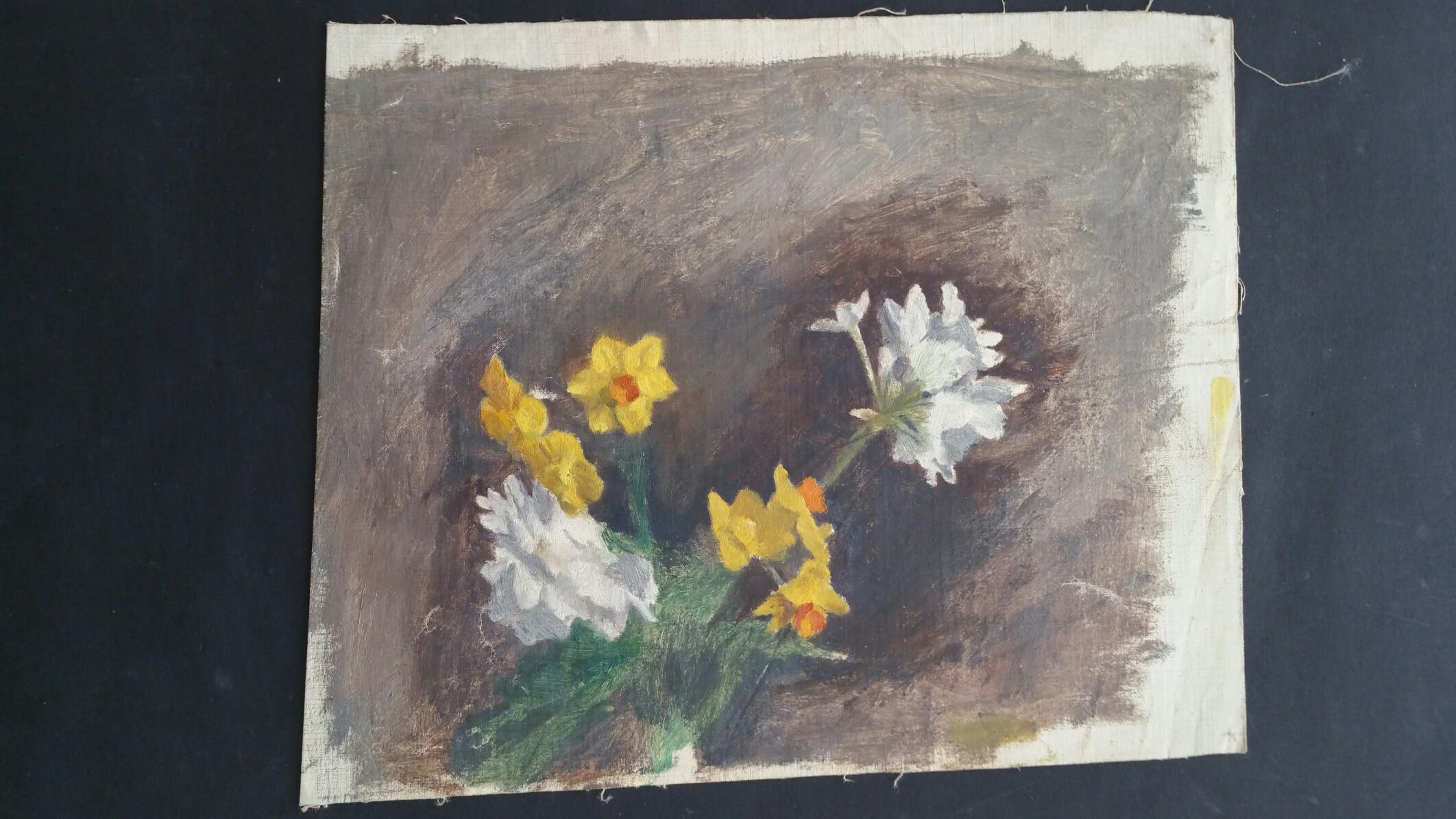 Pintura al óleo vintage inglesa sobre lienzo, Flores de primavera - Still-Life Painting Gris de Unknown