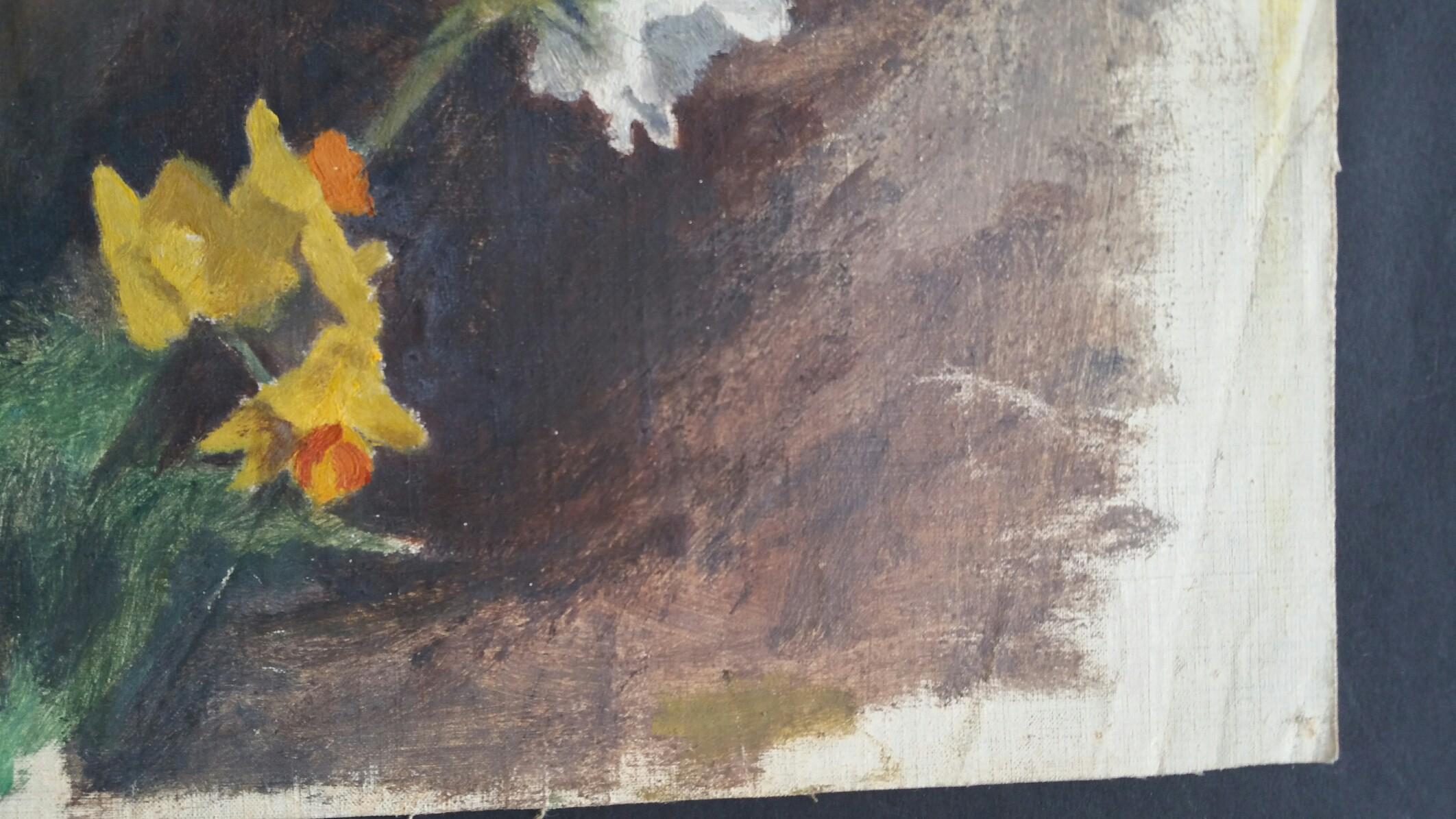 Bodegón inglés con narcisos
de Henry George Moon (británico, 1857-1905)
sobre lienzo de lino, sin tensar, sin enmarcar, sin firmar
medidas: lienzo 10 x 12 pulgadas 

procedencia: del patrimonio del artista

Estado de conservación: Colores buenos, el