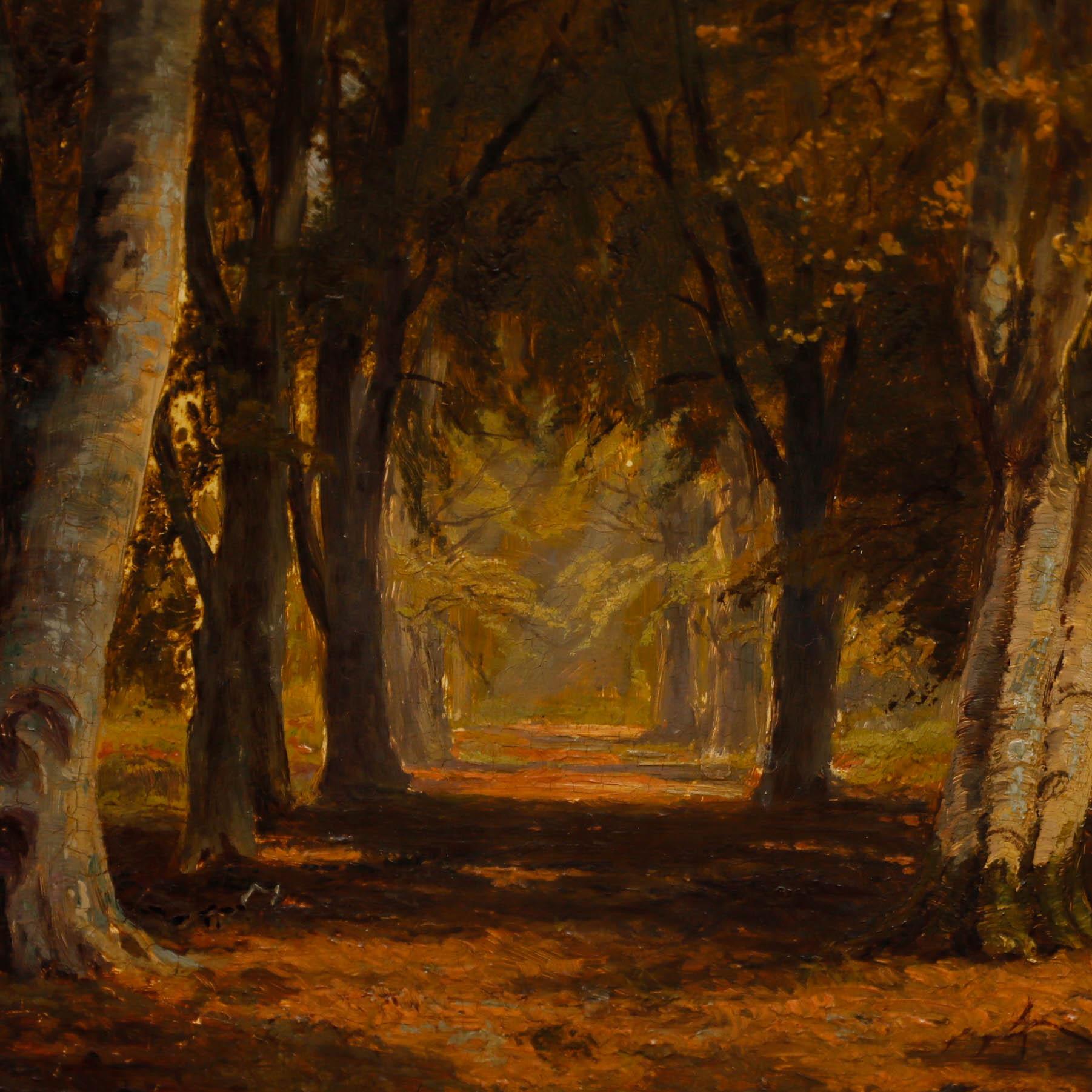 A charming oil study of a woodland clearing in autumn. Signed in the lower right. Presented in a gilt frame with acanthus strapwork. On board.

