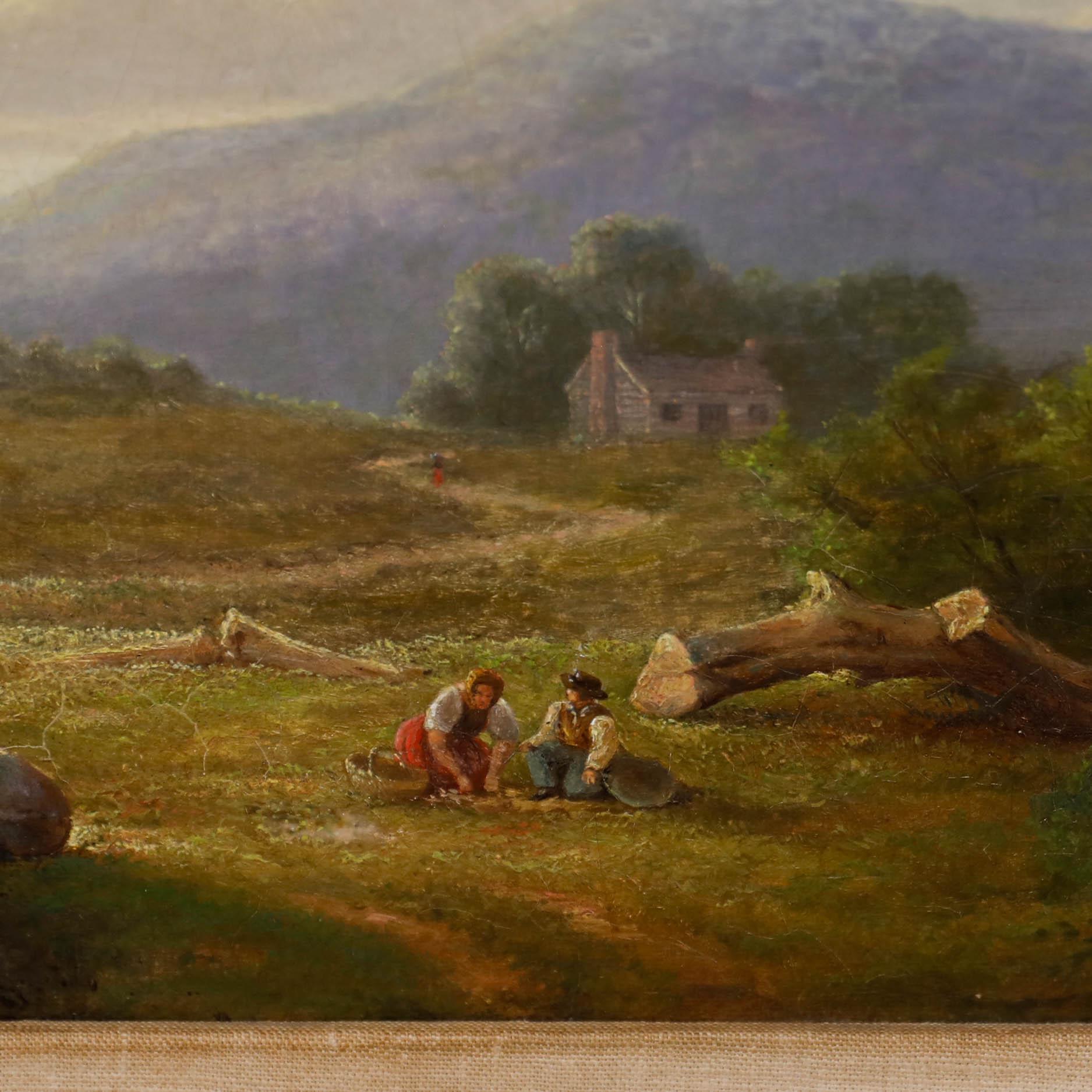 Original oil painting by the Italian artist Enrico Altrui. Rural folk felling trees in a landscape. Presented in a beautiful gilt-effect frame. Boldly signed to the reverse. On canvas on stretchers.