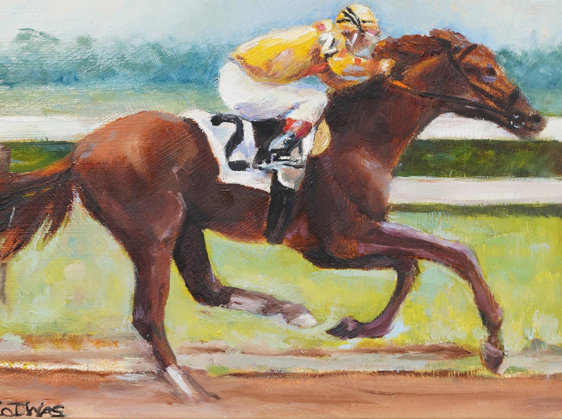 Esta dinámica pintura al óleo de MJ Kotwas capta la energía y la velocidad de un caballo de carreras a medio paso, representando a Cribnote durante su victoria en el hipódromo de Saratoga el 27 de julio de 2008. El jinete se inclina hacia delante en