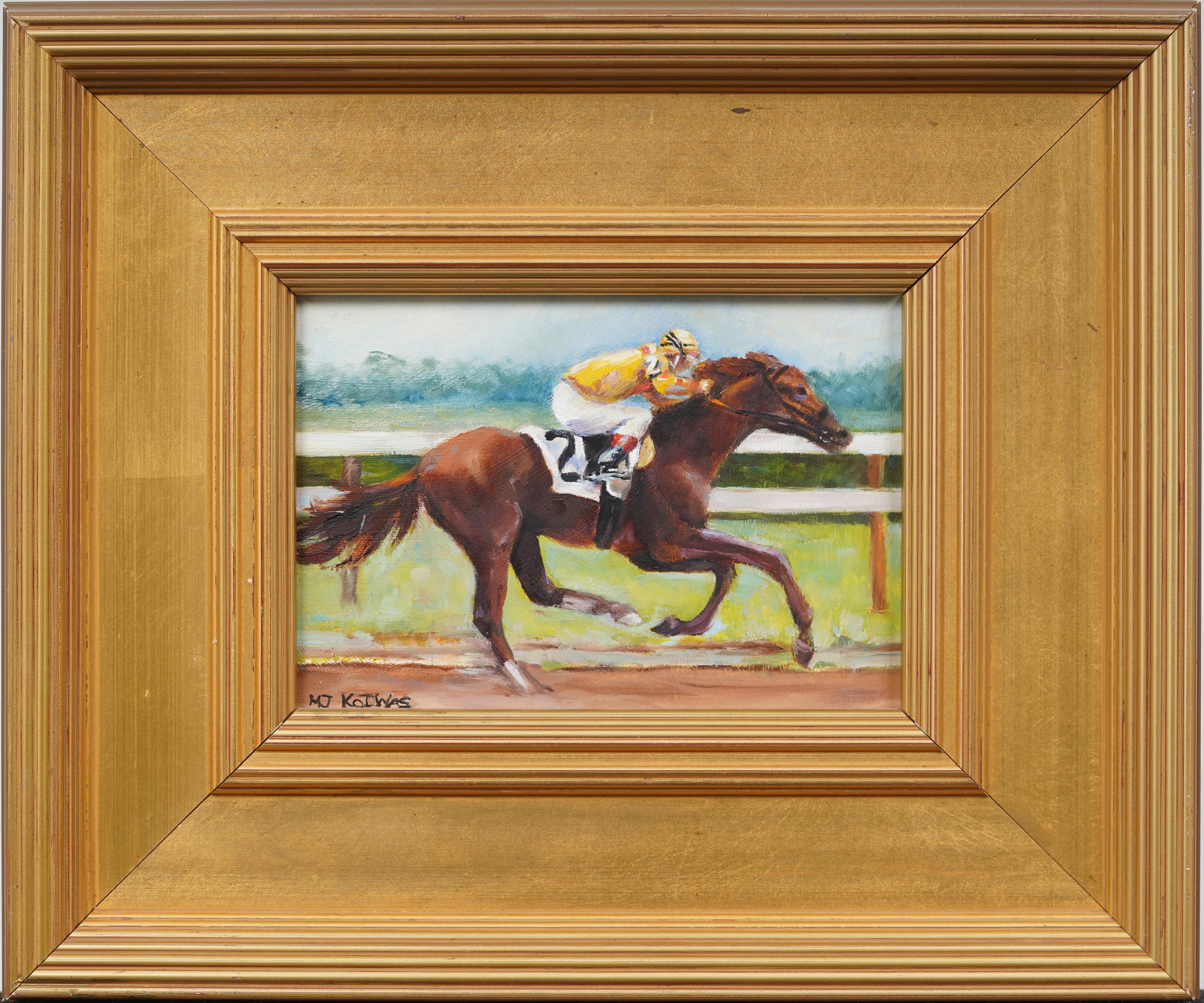 Animal Painting de Unknown - Pintura al óleo ecuestre "Cribnote en Saratoga 2008" Pintura al óleo de carreras de caballos