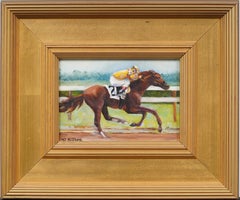 Pintura al óleo ecuestre "Cribnote en Saratoga 2008" Pintura al óleo de carreras de caballos